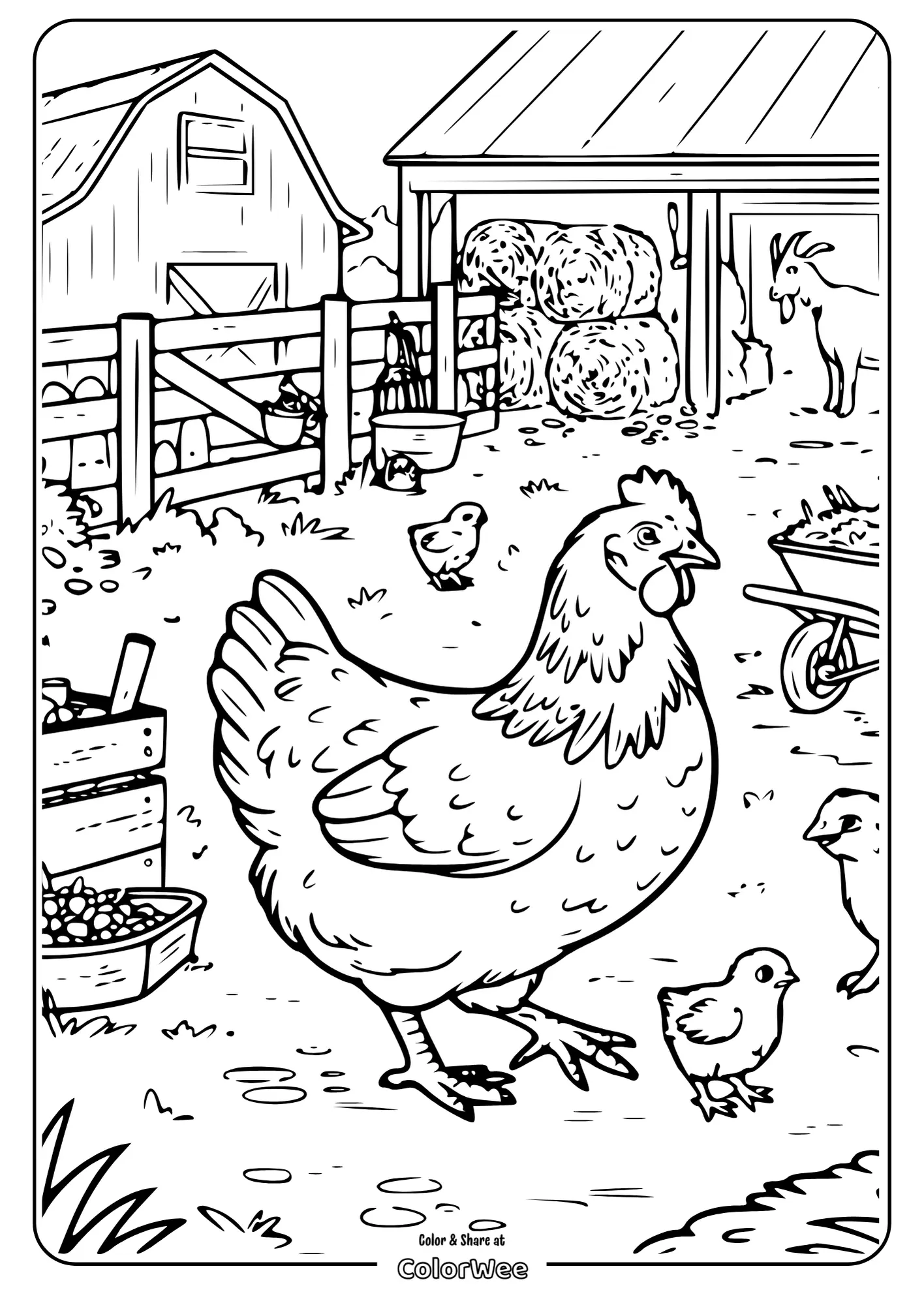 Farmyard coloring page with chicken, chicks, and barn