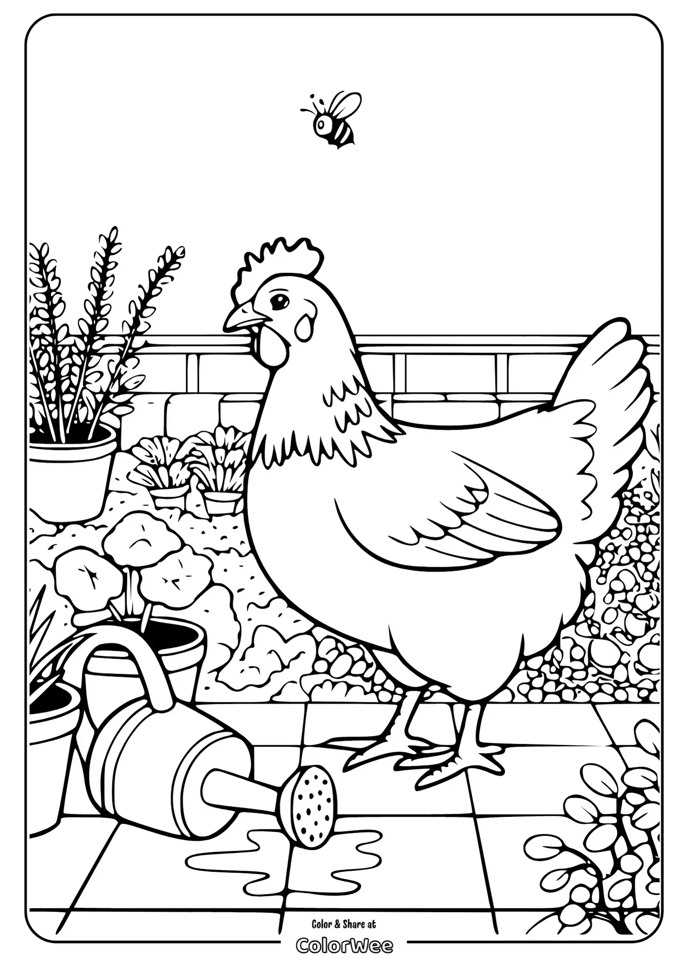 Chicken in garden coloring page with bee and watering can.