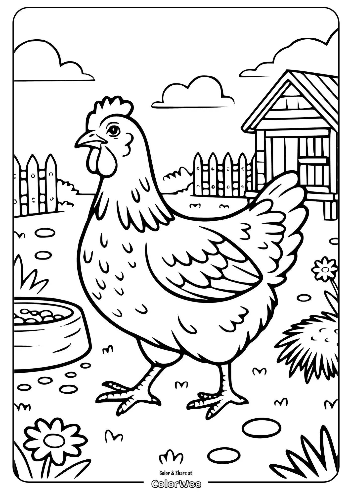 Chicken coloring page with coop and garden scene.