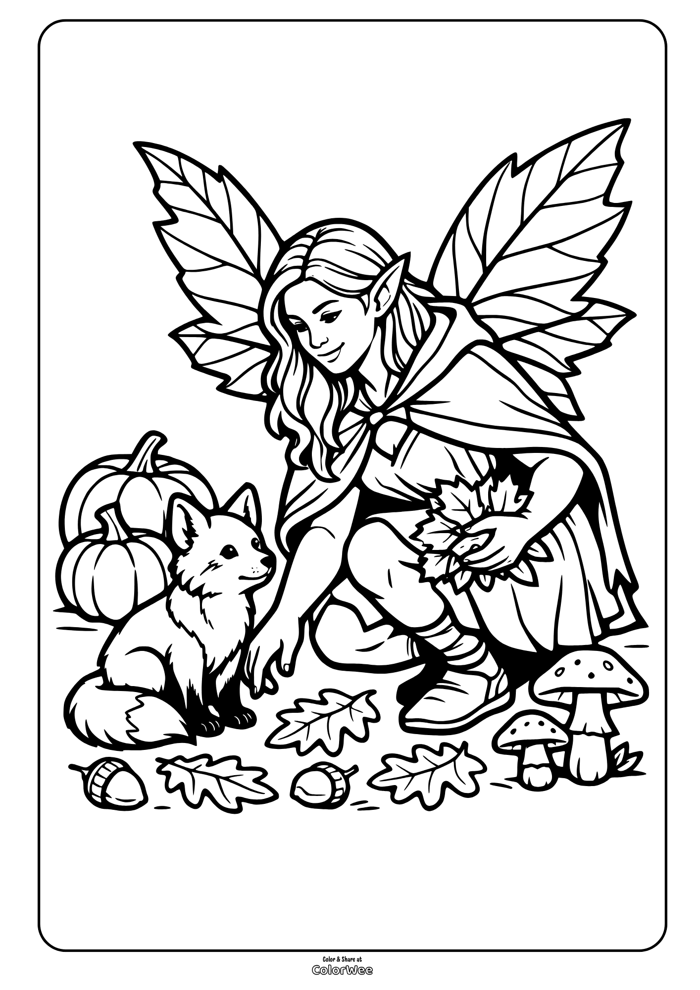 Autumn realistic fairy with fox, pumpkins and mushrooms coloring sheet for adults.