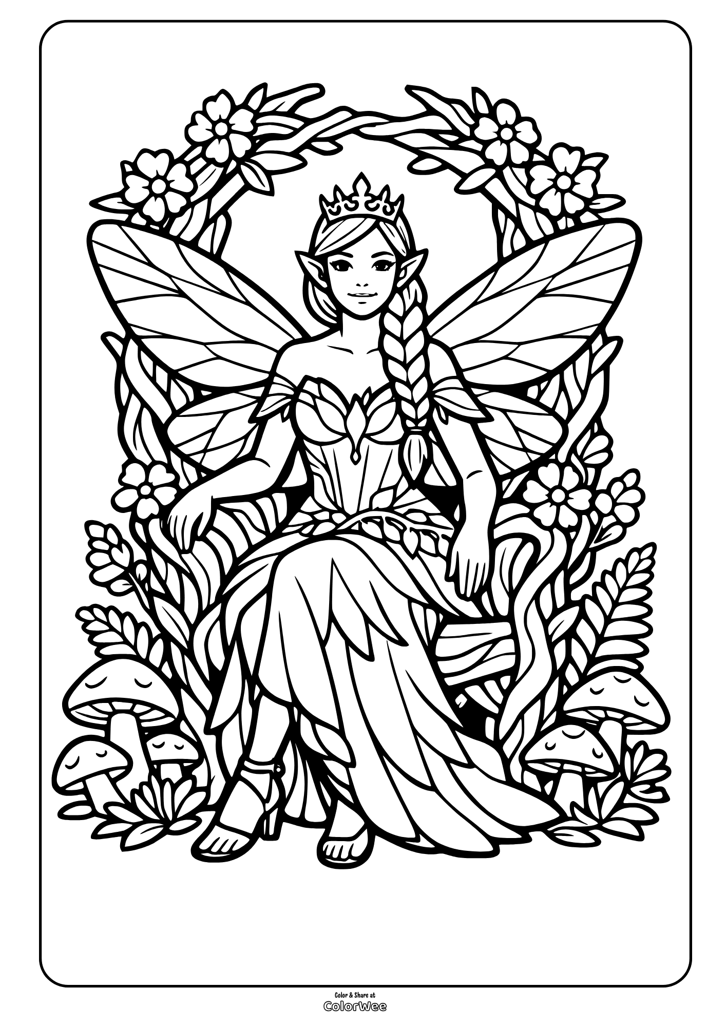 Realistic fairy queen on forest throne coloring sheet with wings, flowers, mushrooms