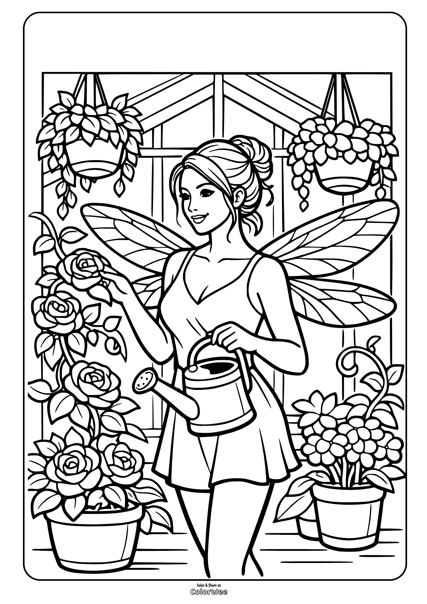 Realistic adult fairy watering roses in greenhouse coloring sheet for kids