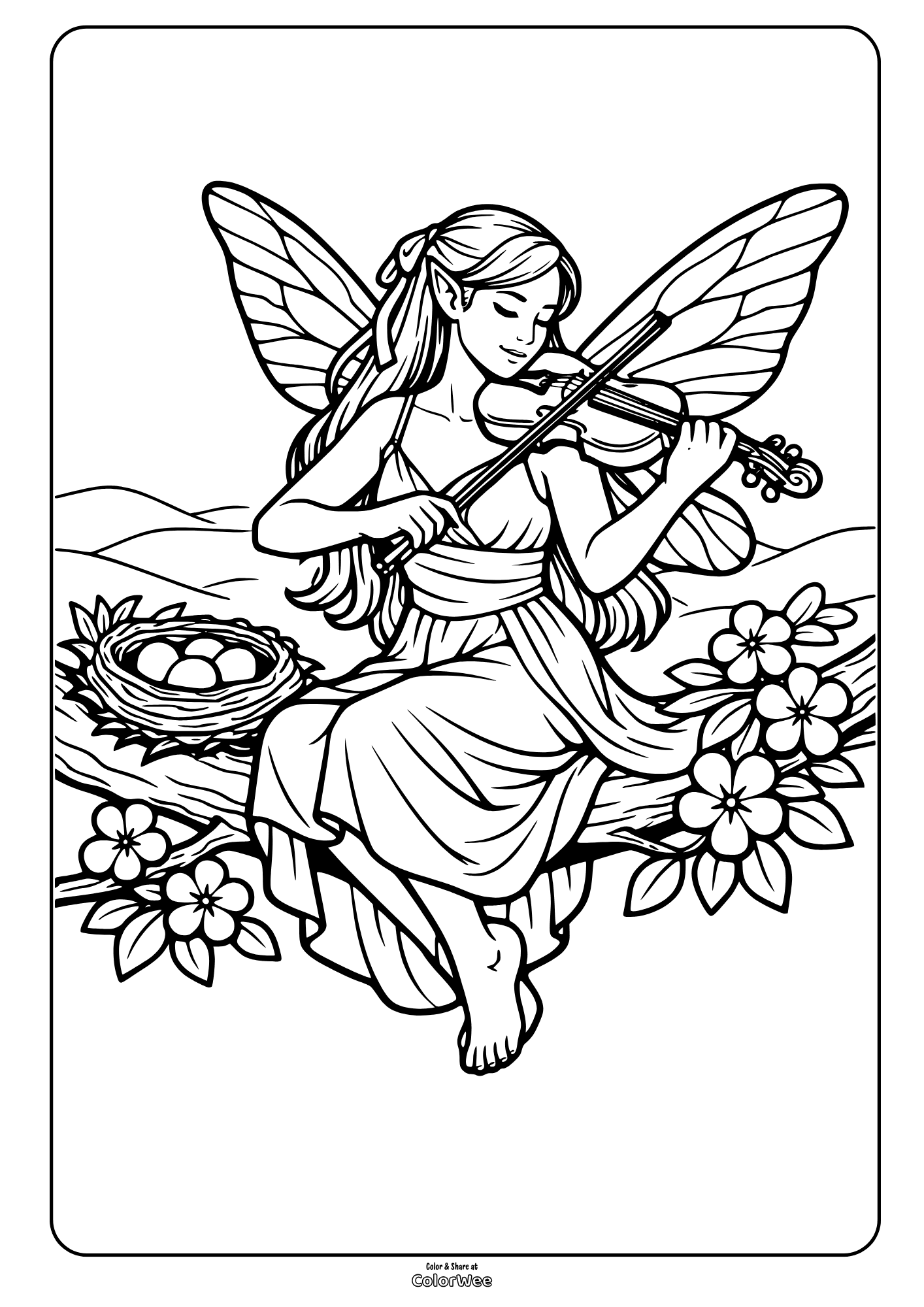 Realistic adult fairy playing violin on tree branch with nest and flowers coloring sheet