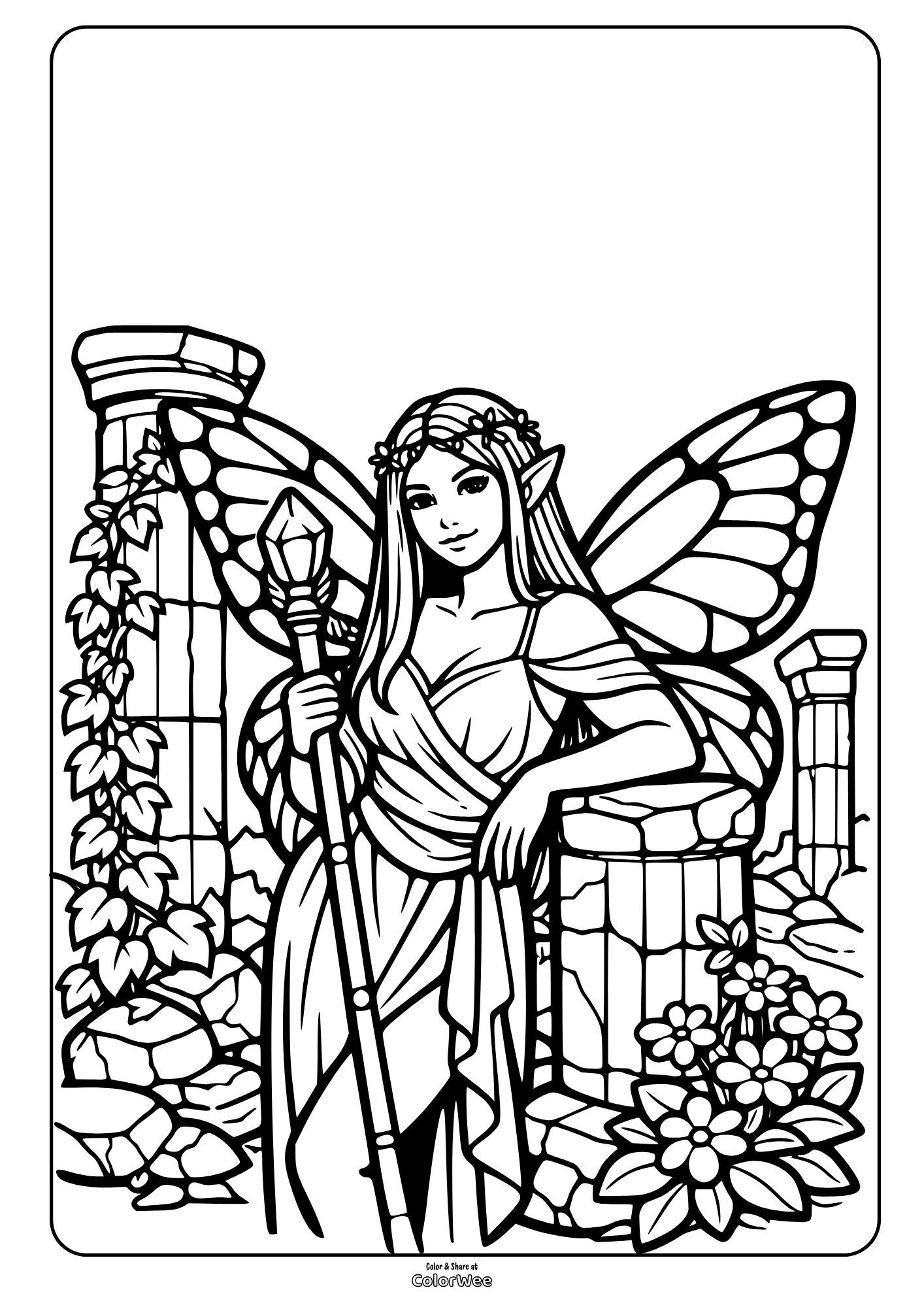 Realistic fairy with wings and staff at ruins coloring sheet printable