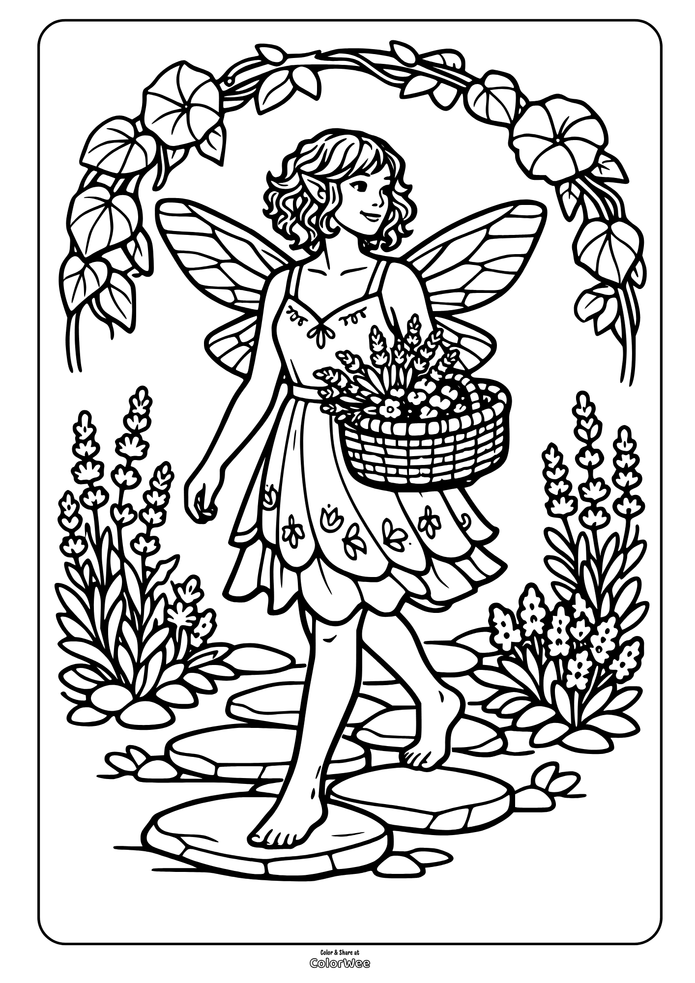 Printable realistic fairy garden coloring sheet for adults with basket of flowers