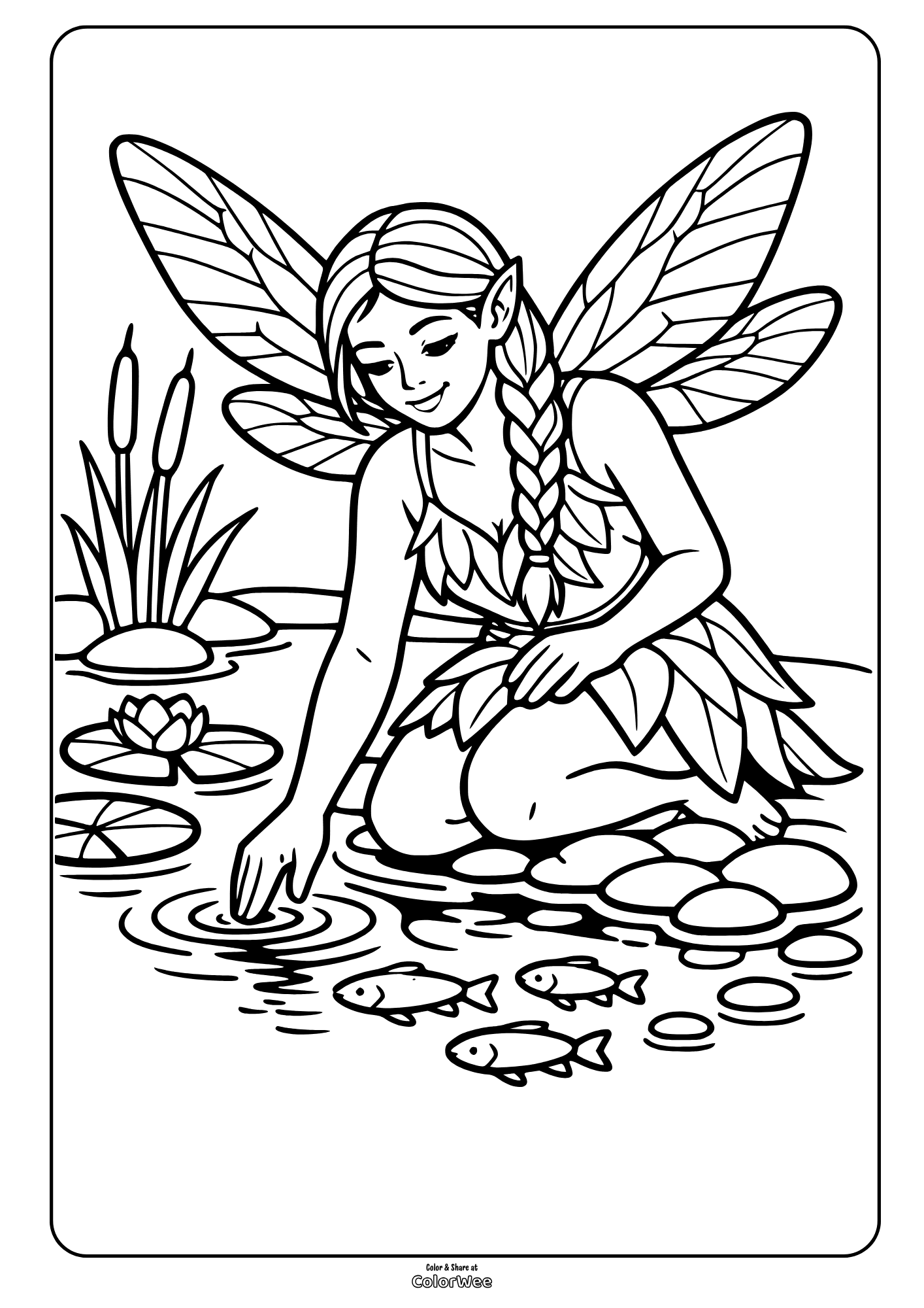 Printable realistic fairy by pond with fish and lilies coloring sheet for adults.