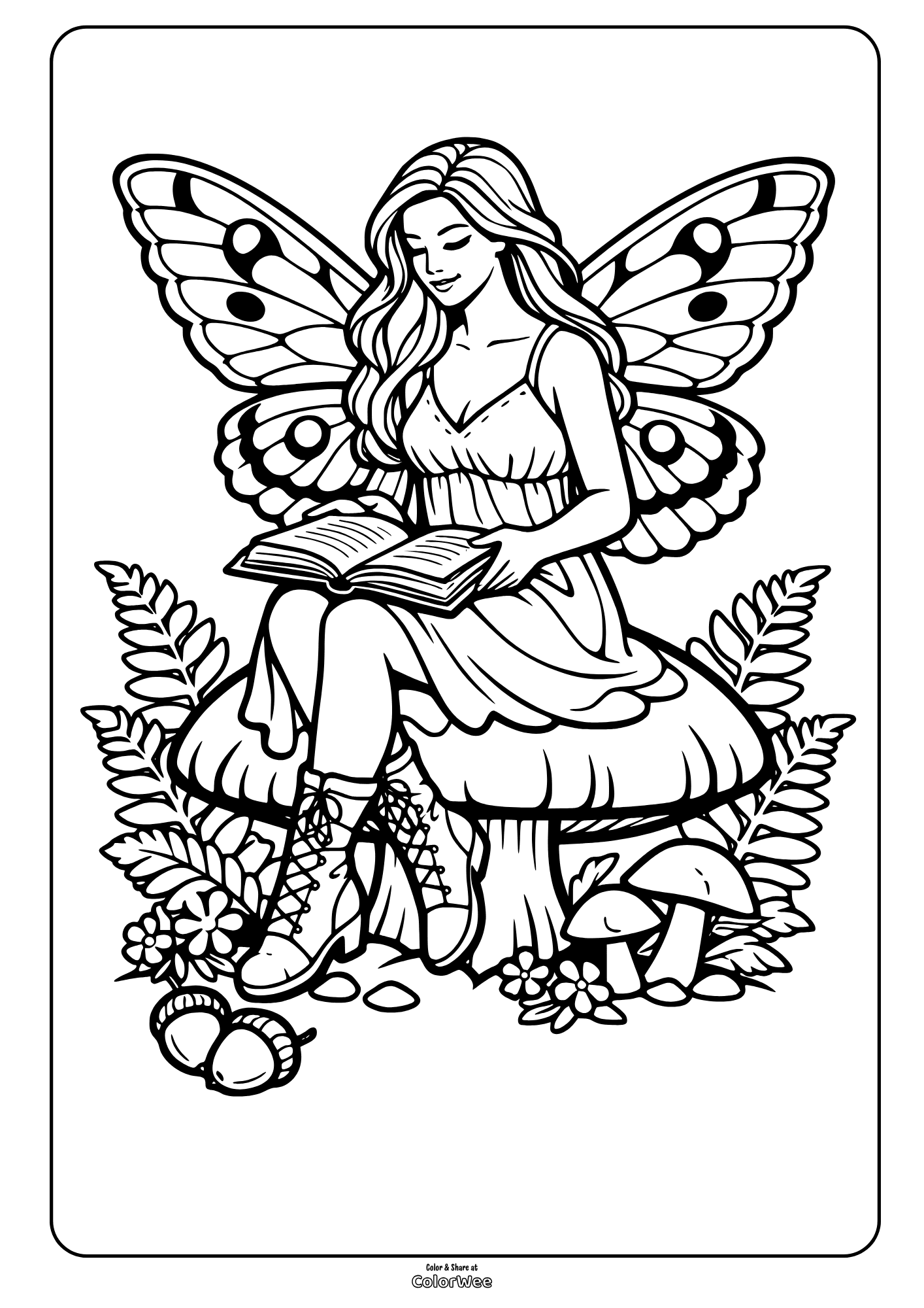 Coloring sheet: butterfly-wing realistic fairy reading on mushroom in forest