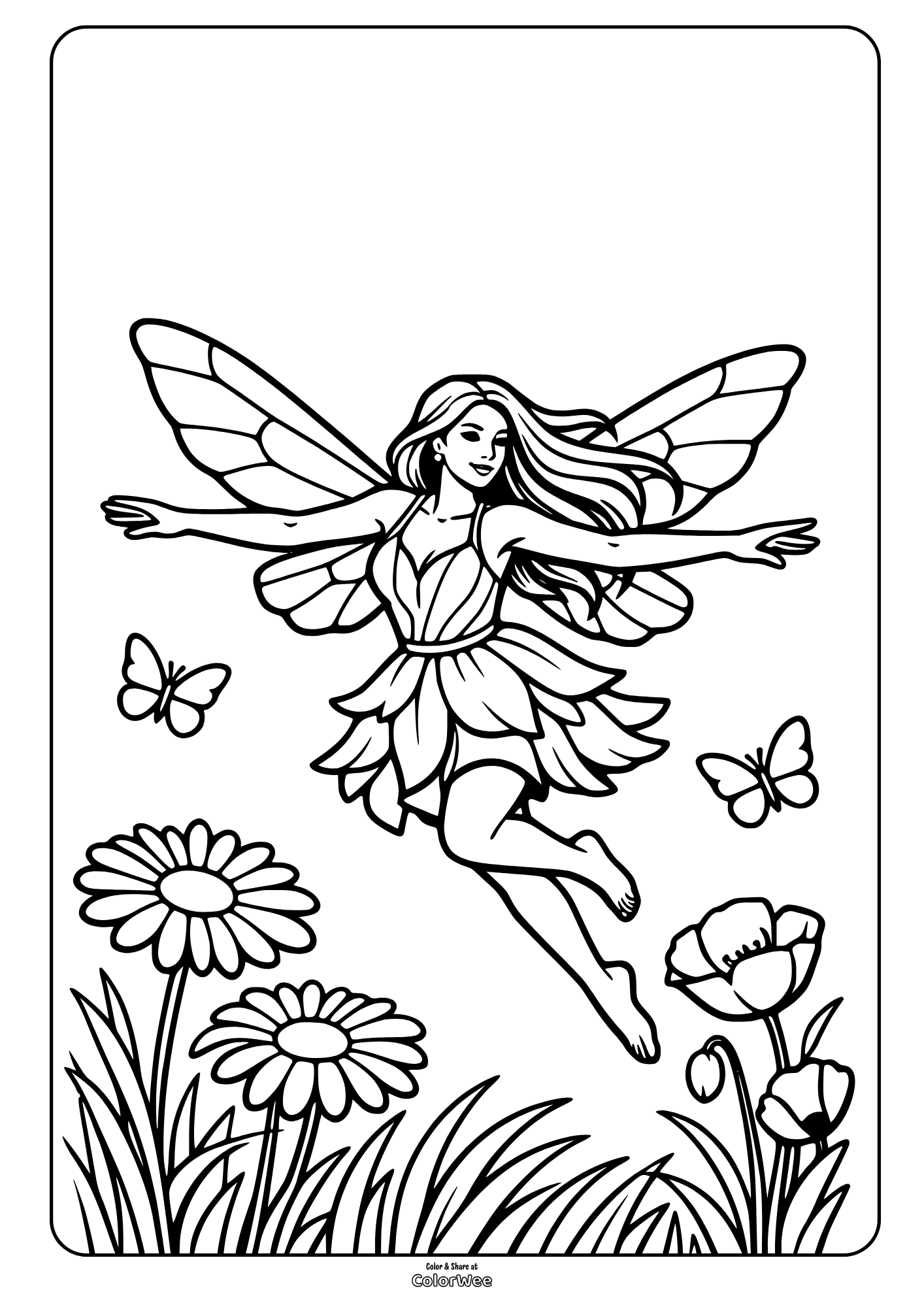 Realistic fairy flying in a flower garden coloring sheet with butterflies for adults