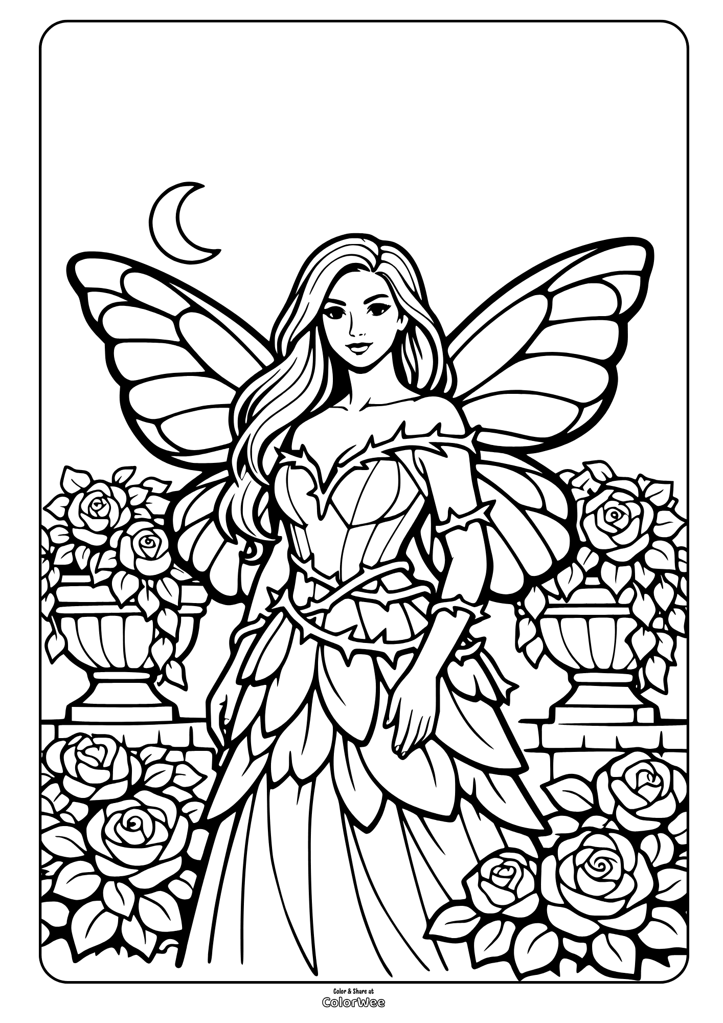 Realistic fairy in rose garden coloring sheet with wings, roses, and crescent moon