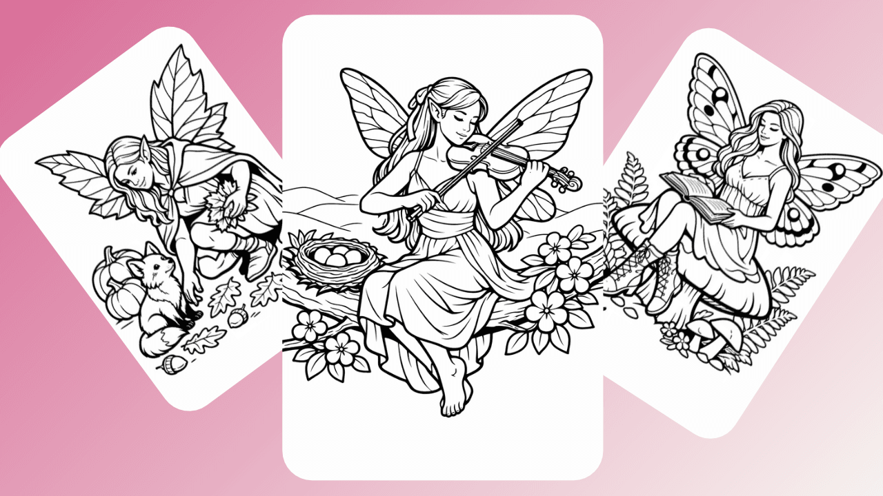Fairy coloring sheets with violin, forest fox, and reading butterfly fairy. Suitable for adults.