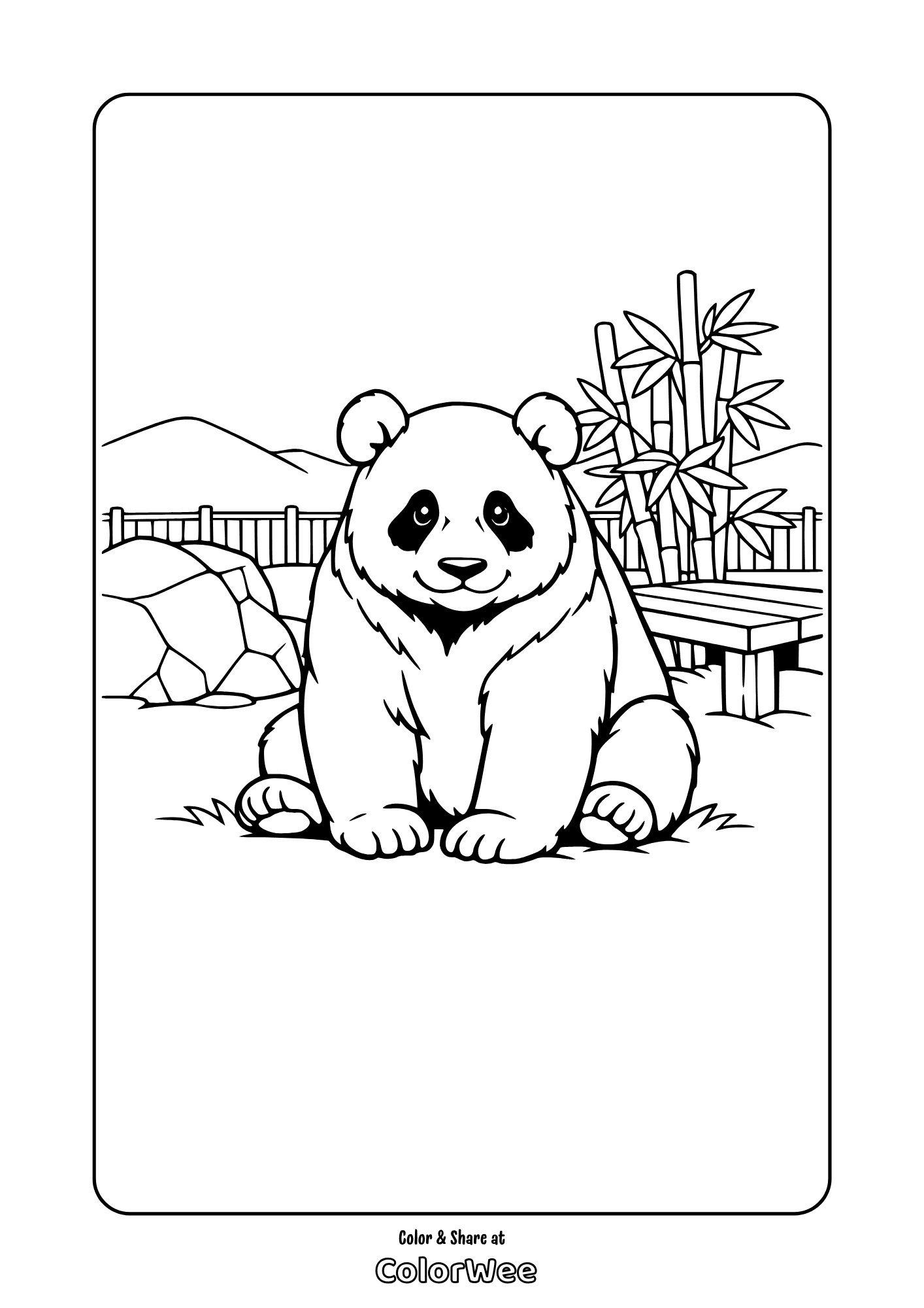 Cute realistic panda in bamboo garden printable coloring page for kids