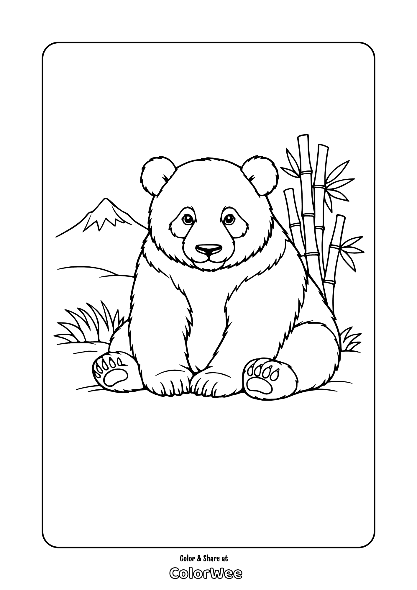 Realistic panda coloring page with bamboo scene, cute bear for kids to print