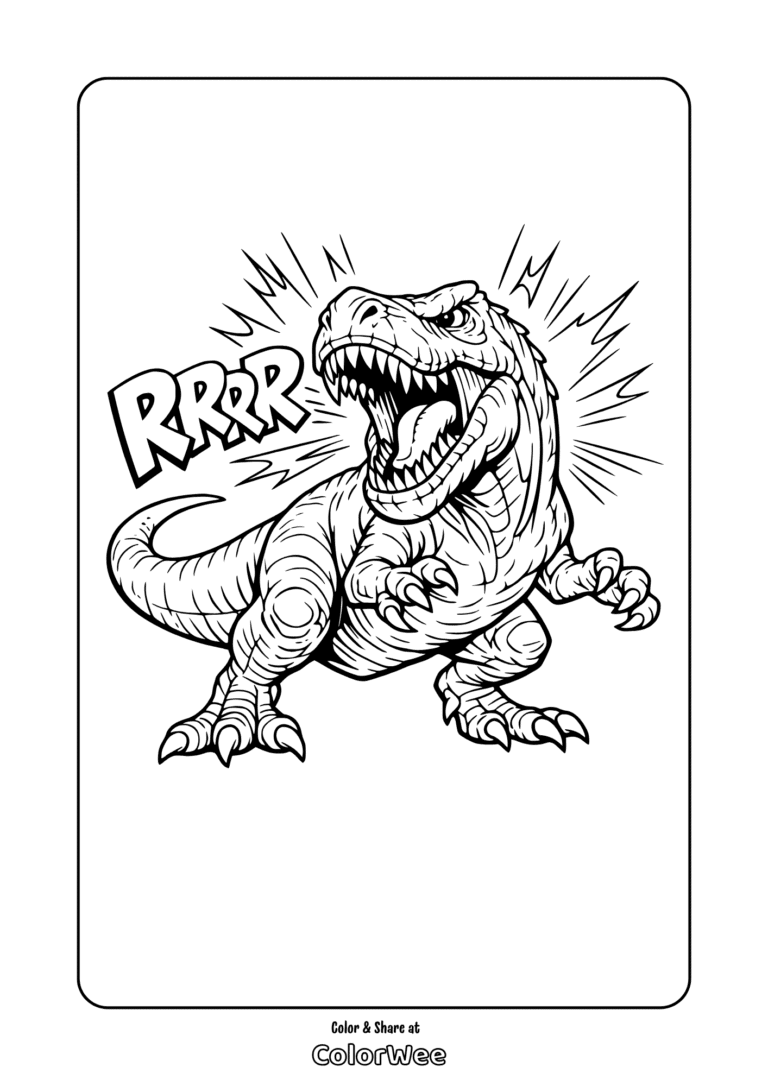 Roaring T-Rex dinosaur coloring page for kids, free printable