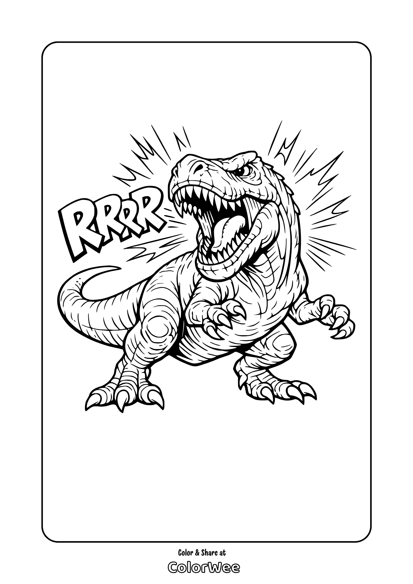 roaring t rex dinosaur coloring page for kids free printable Roaring T-Rex dinosaur coloring page for kids, free printable