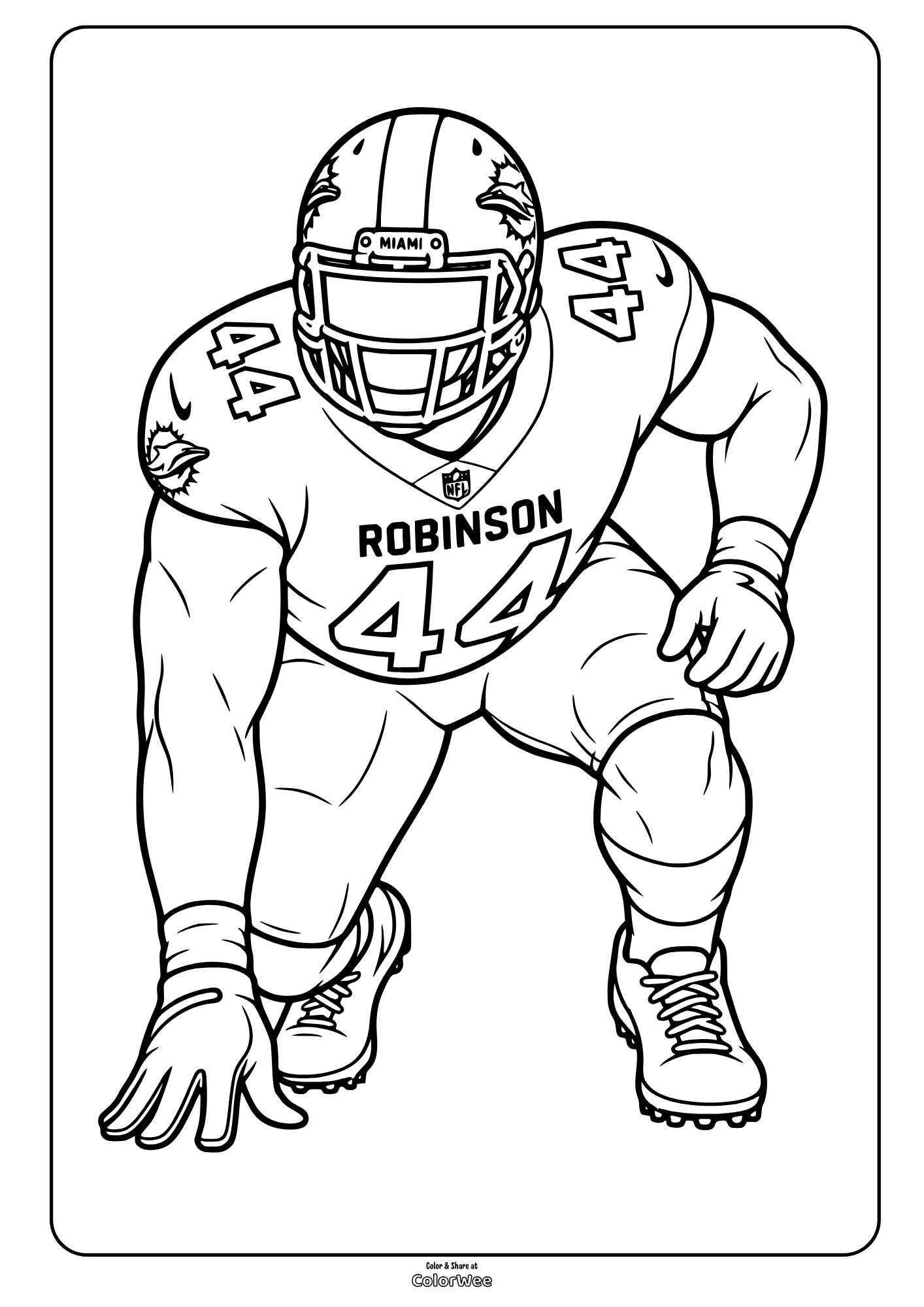 Football player Chop Robinson wearing a helmet and number 44 crouches in a coloring sheet