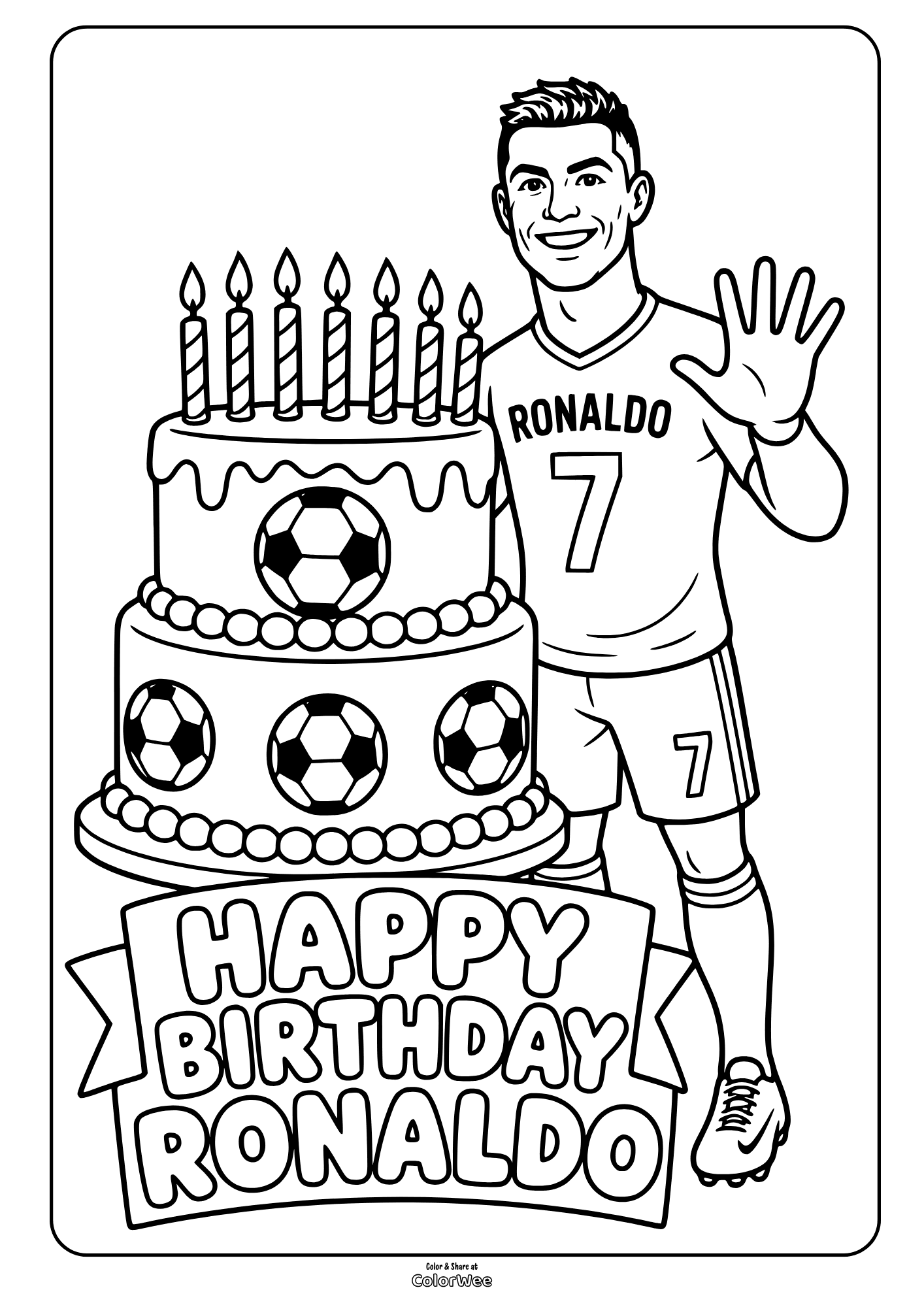 Cristiano Ronaldo birthday coloring sheet with soccer cake and candles
