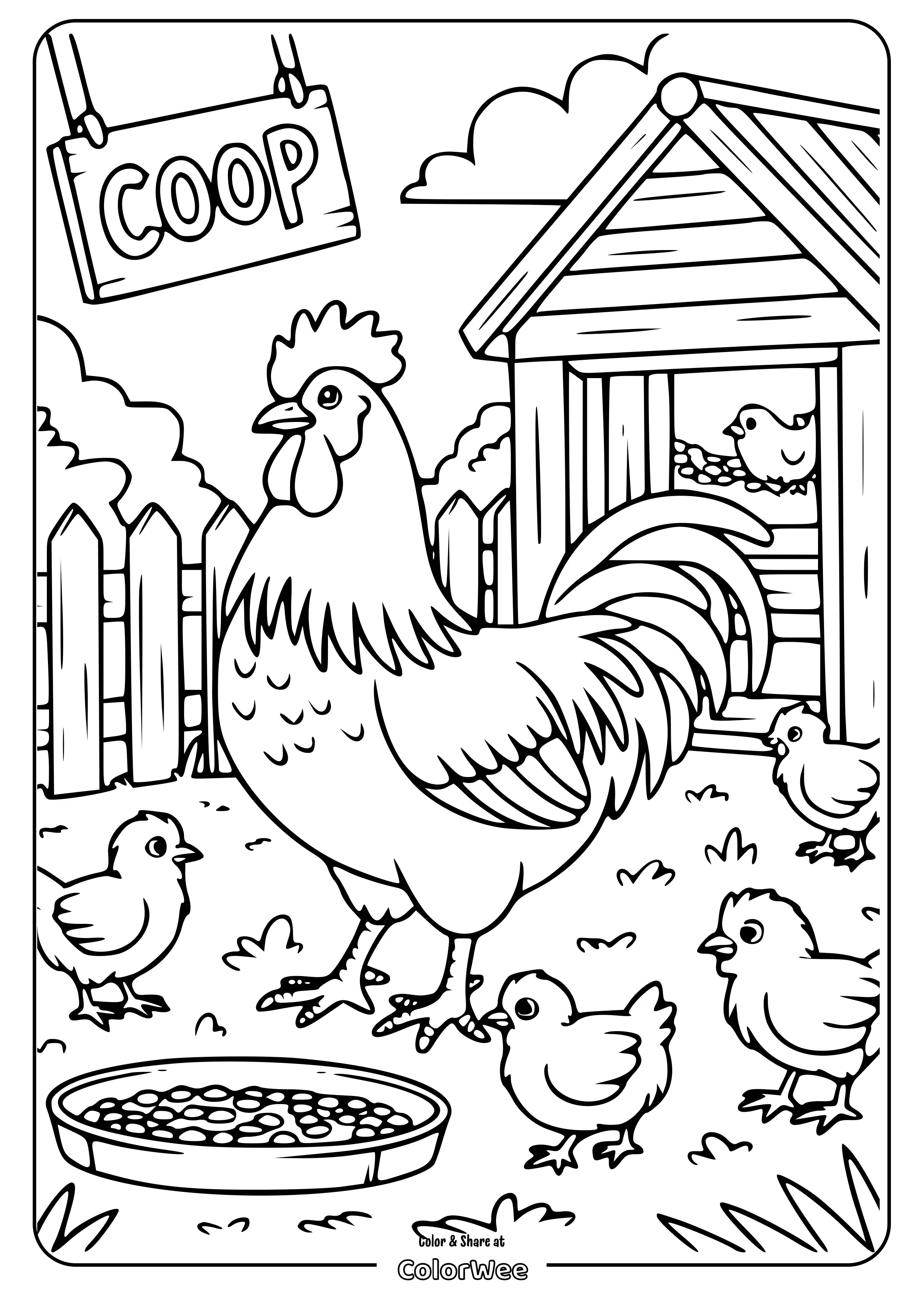 Rooster and chicks in a coop coloring page for kids.