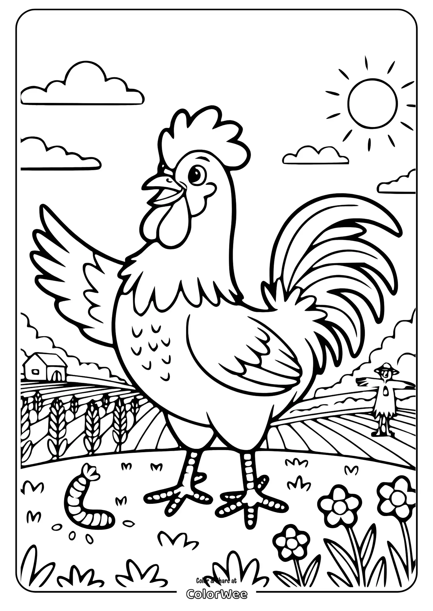 Rooster and farm scene coloring page with sun and fields.