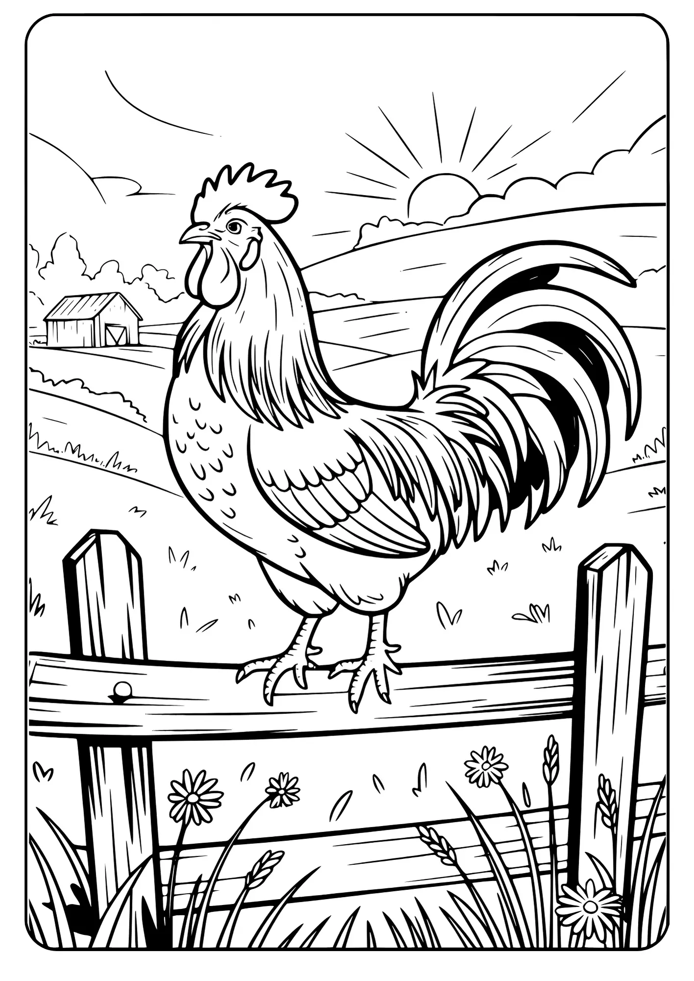 Rooster on fence, sunrise, farm coloring page.