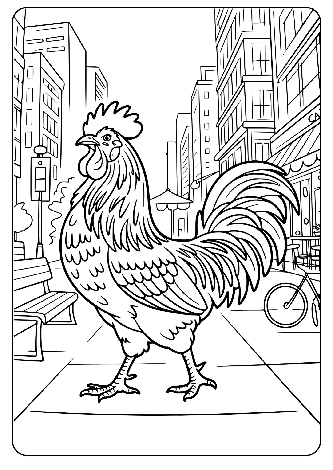 Rooster coloring page in an urban street setting.