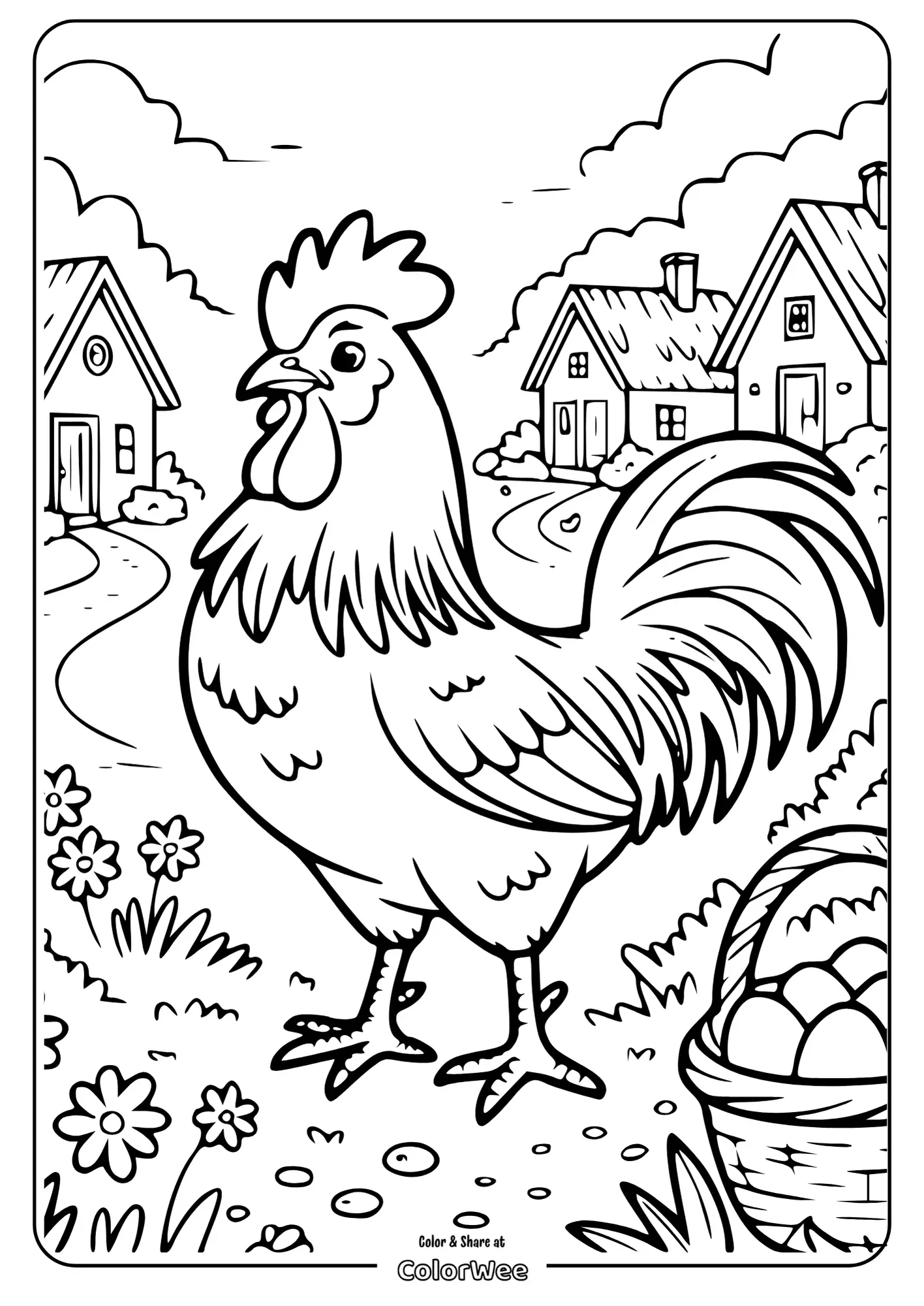 Rooster coloring page with houses and basket of eggs.