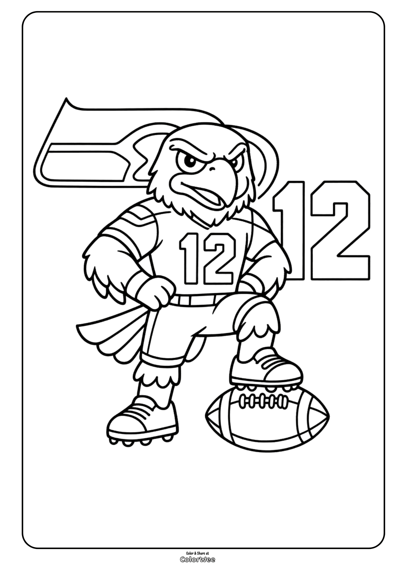 Seahawks mascot Blitz with number 12 and ball coloring sheet for kids