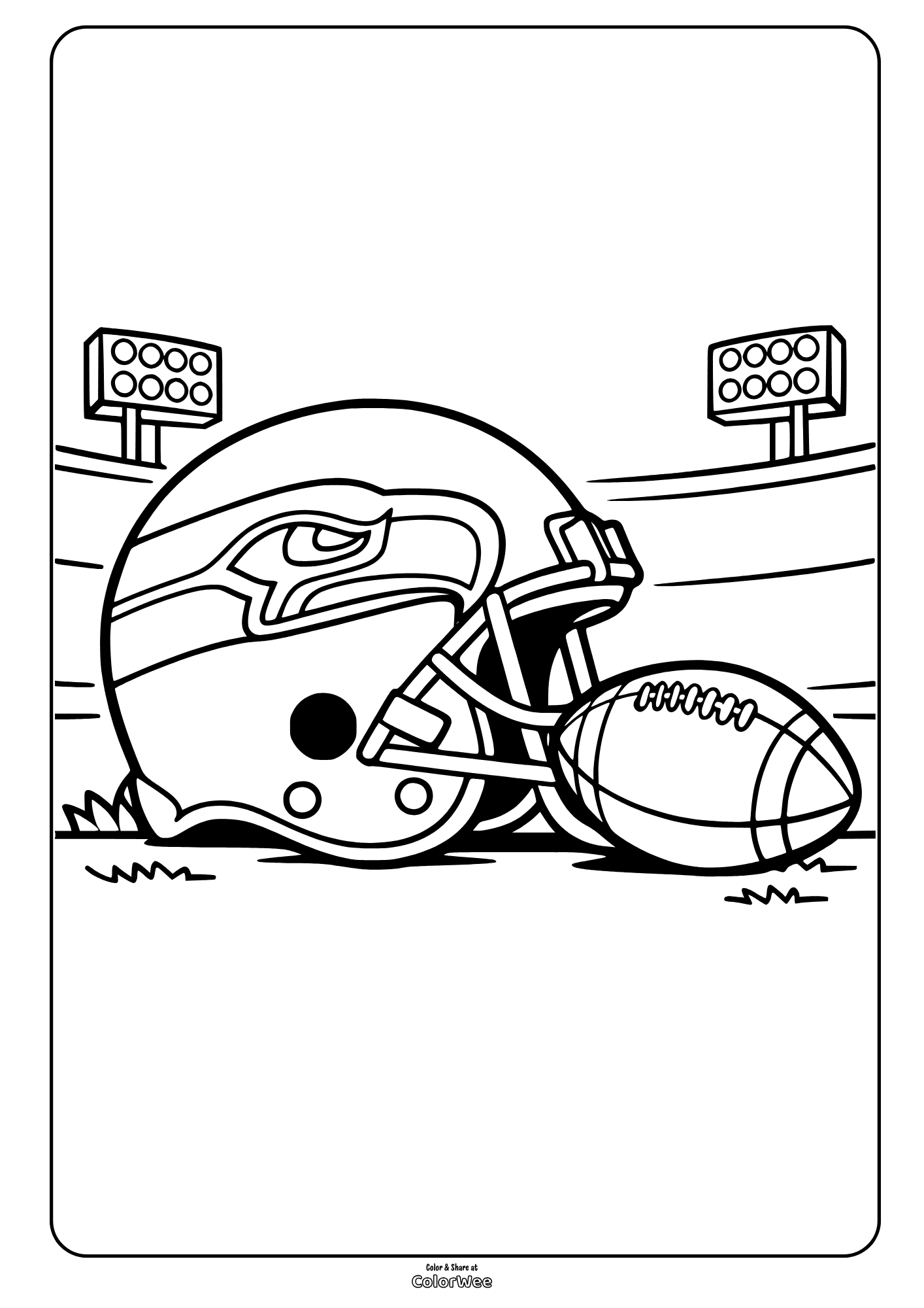 Football helmet and ball on stadium field - Seahawks free coloring sheet.