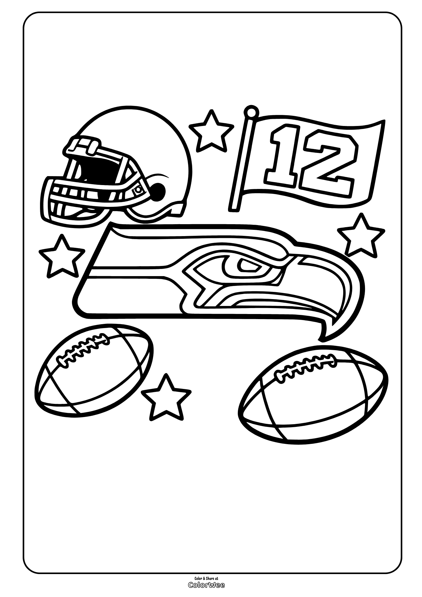 Football coloring sheet with Seattle Seahawks symbols.