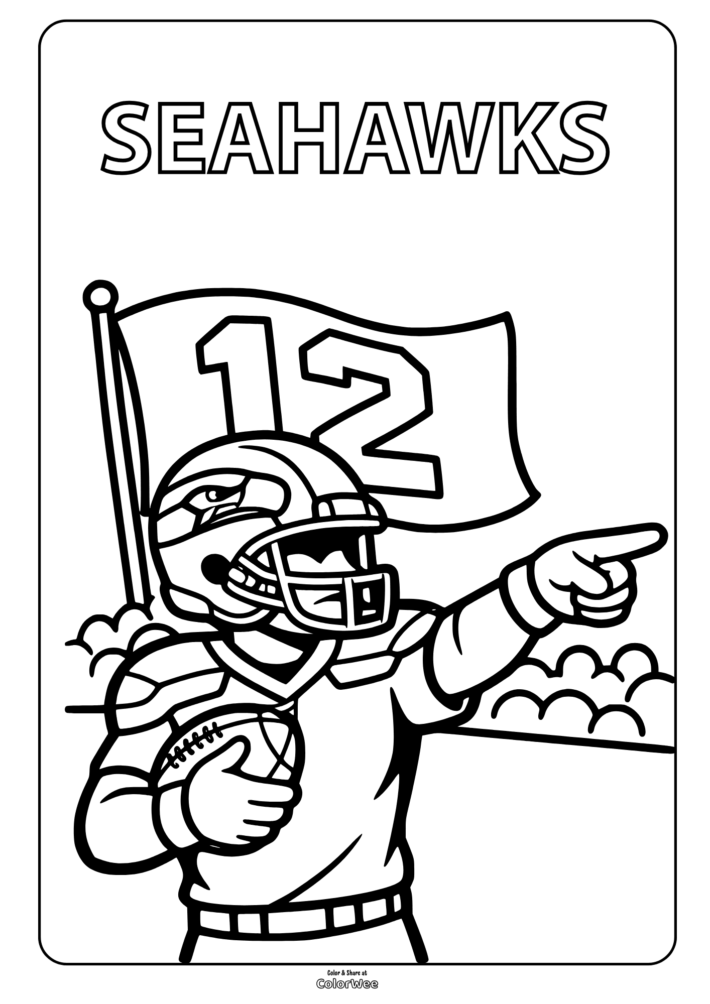 Seahawks coloring sheet of football player pointing with 12 flag