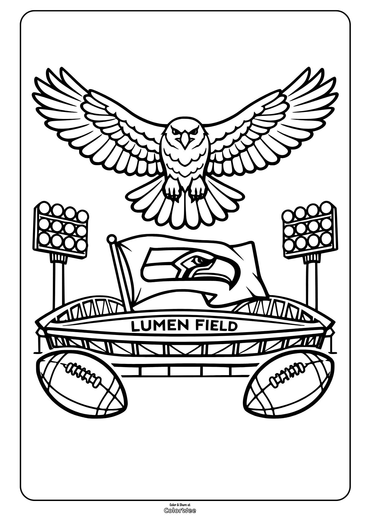 Lumen Field football coloring sheet with seahawks, lights, and footballs