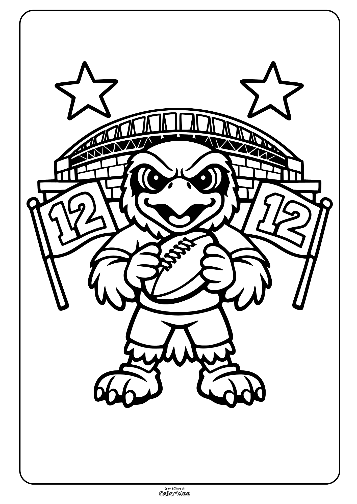 Seahawk mascot Blitz with 12 flags at stadium coloring sheet
