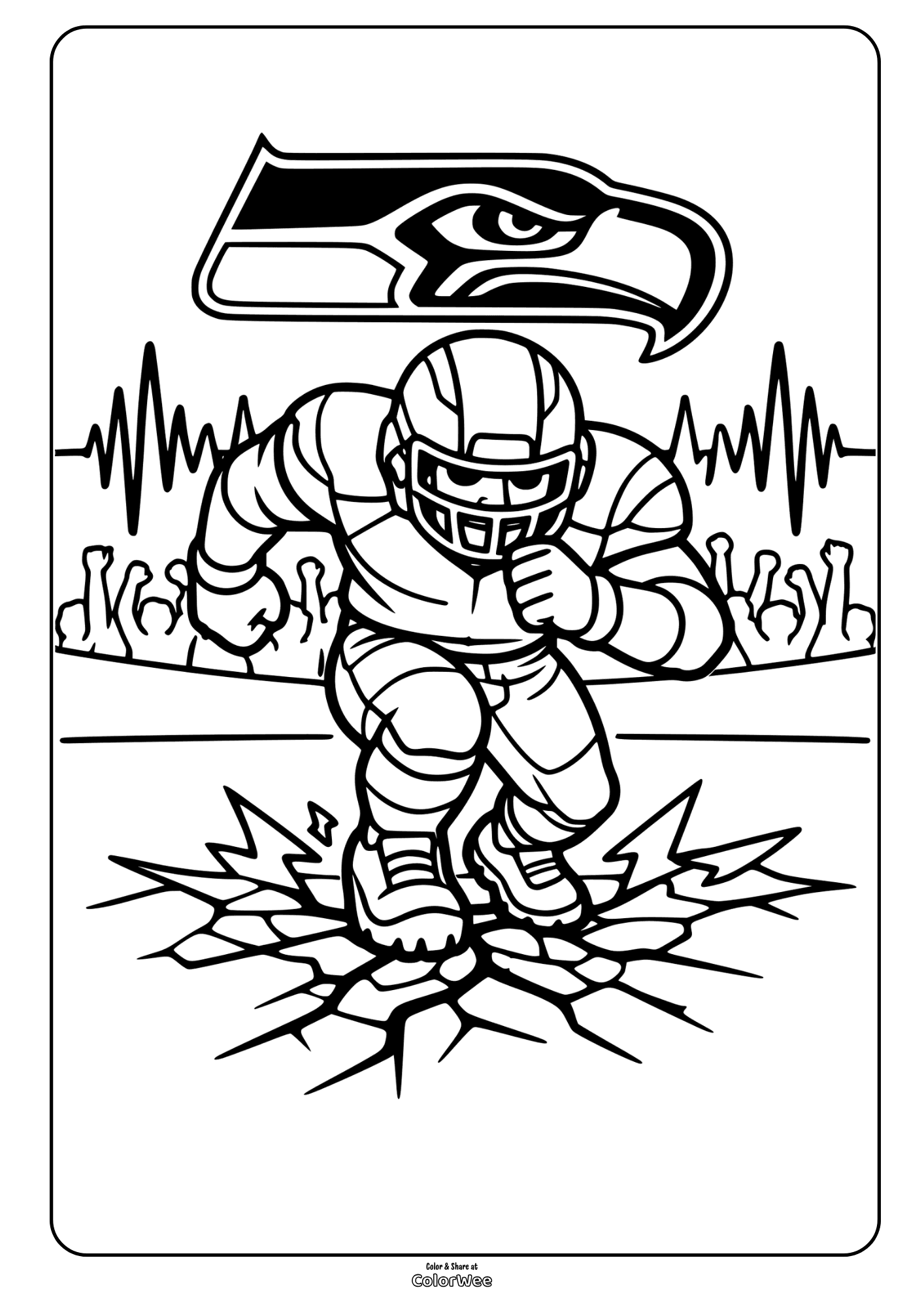 Seattle Seahawks coloring sheet with player, team seahawks logo and cheering crowd