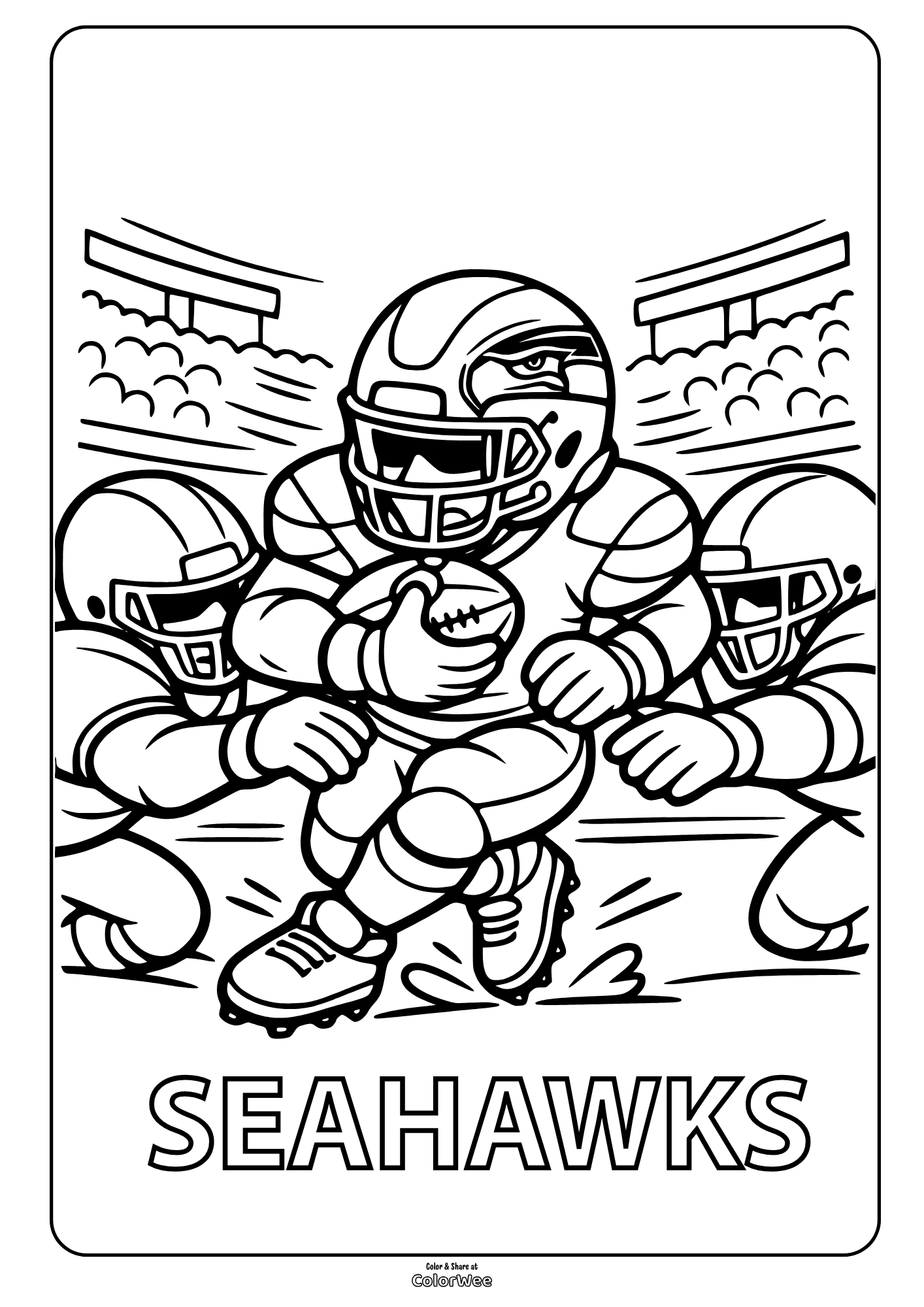 Seahawks football coloring sheet: running back dodging tackles