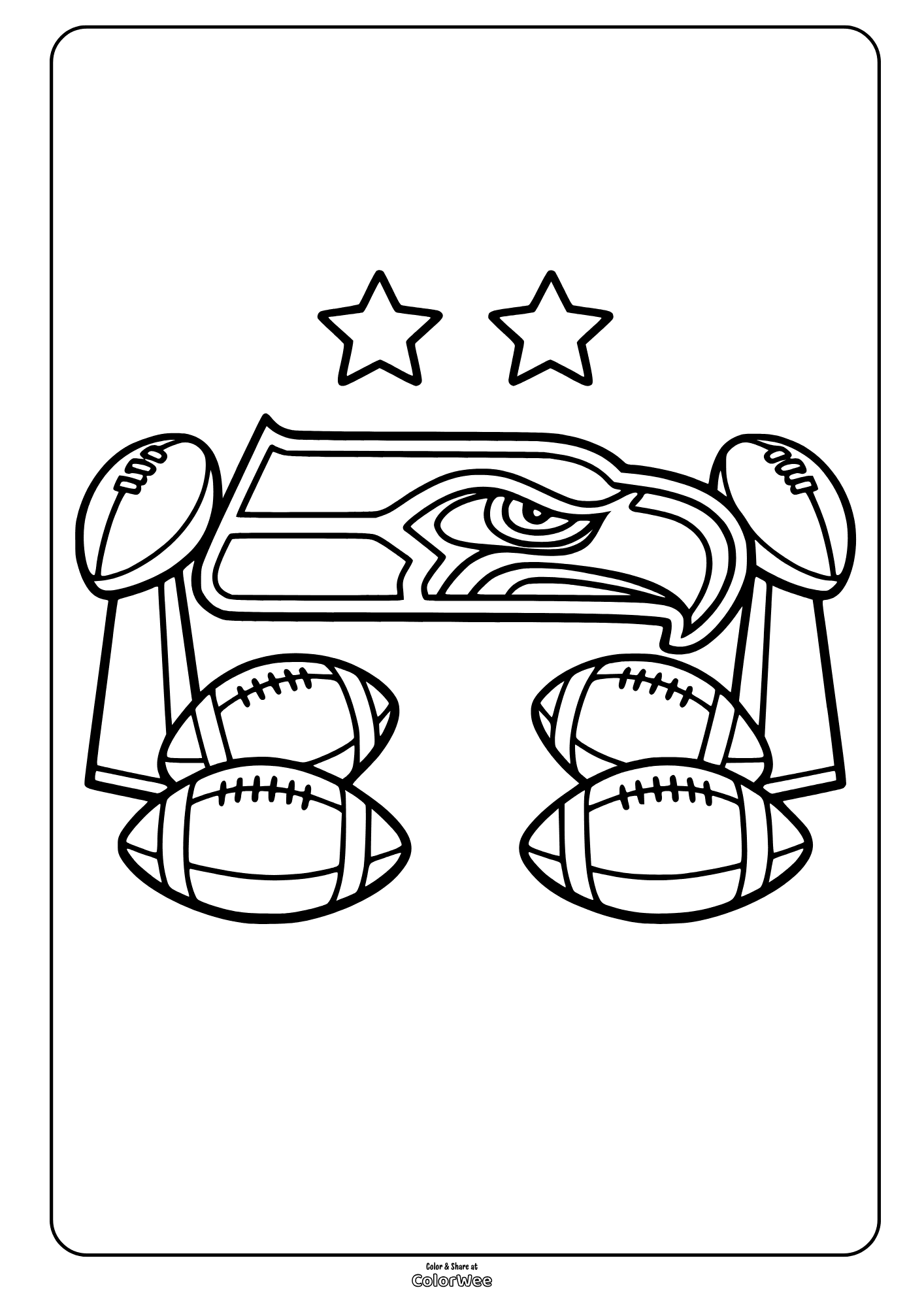Football coloring sheet with Seattle Seahawks logo, trophies and balls