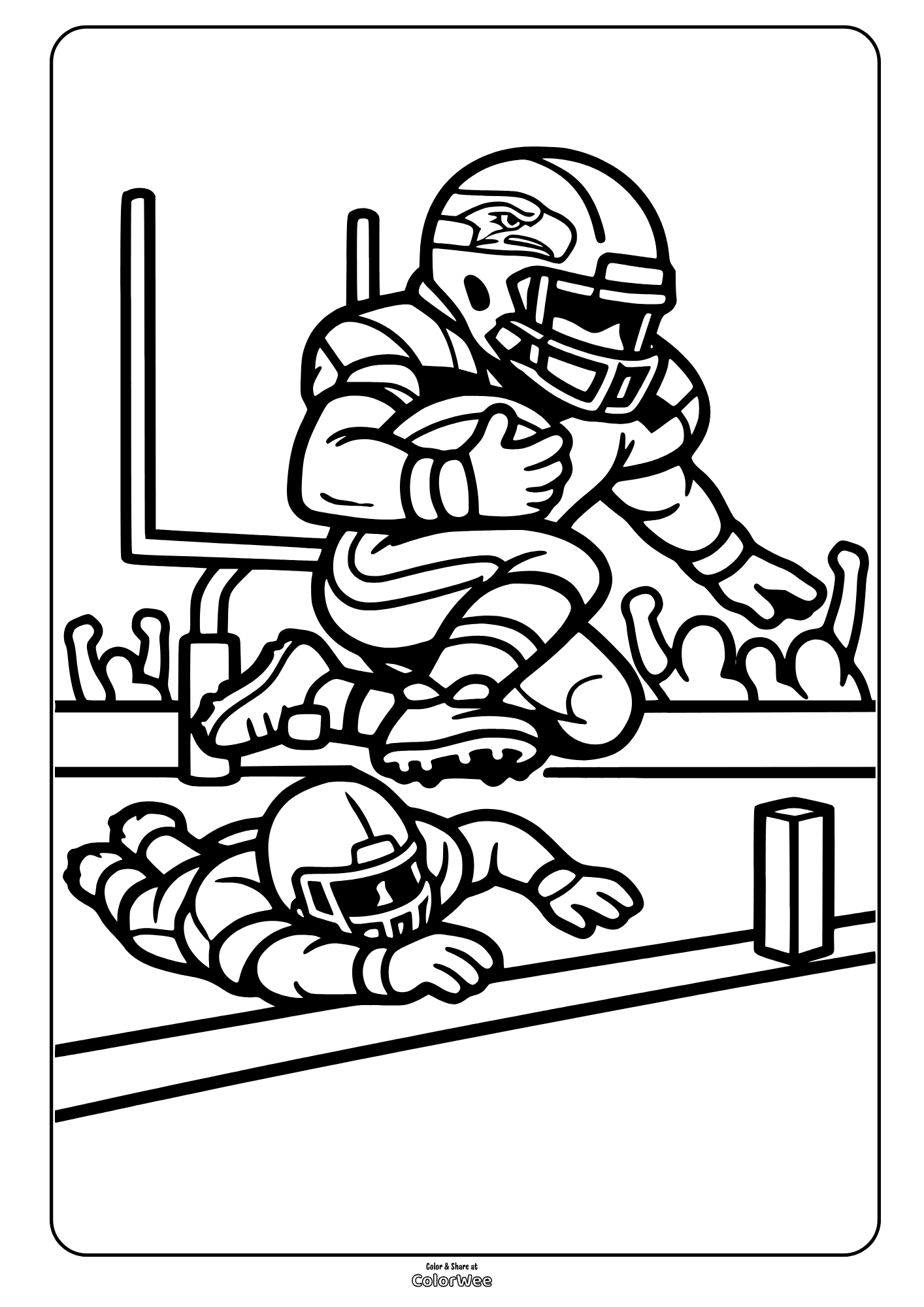 Football touchdown coloring sheet: player hurdles defender to score