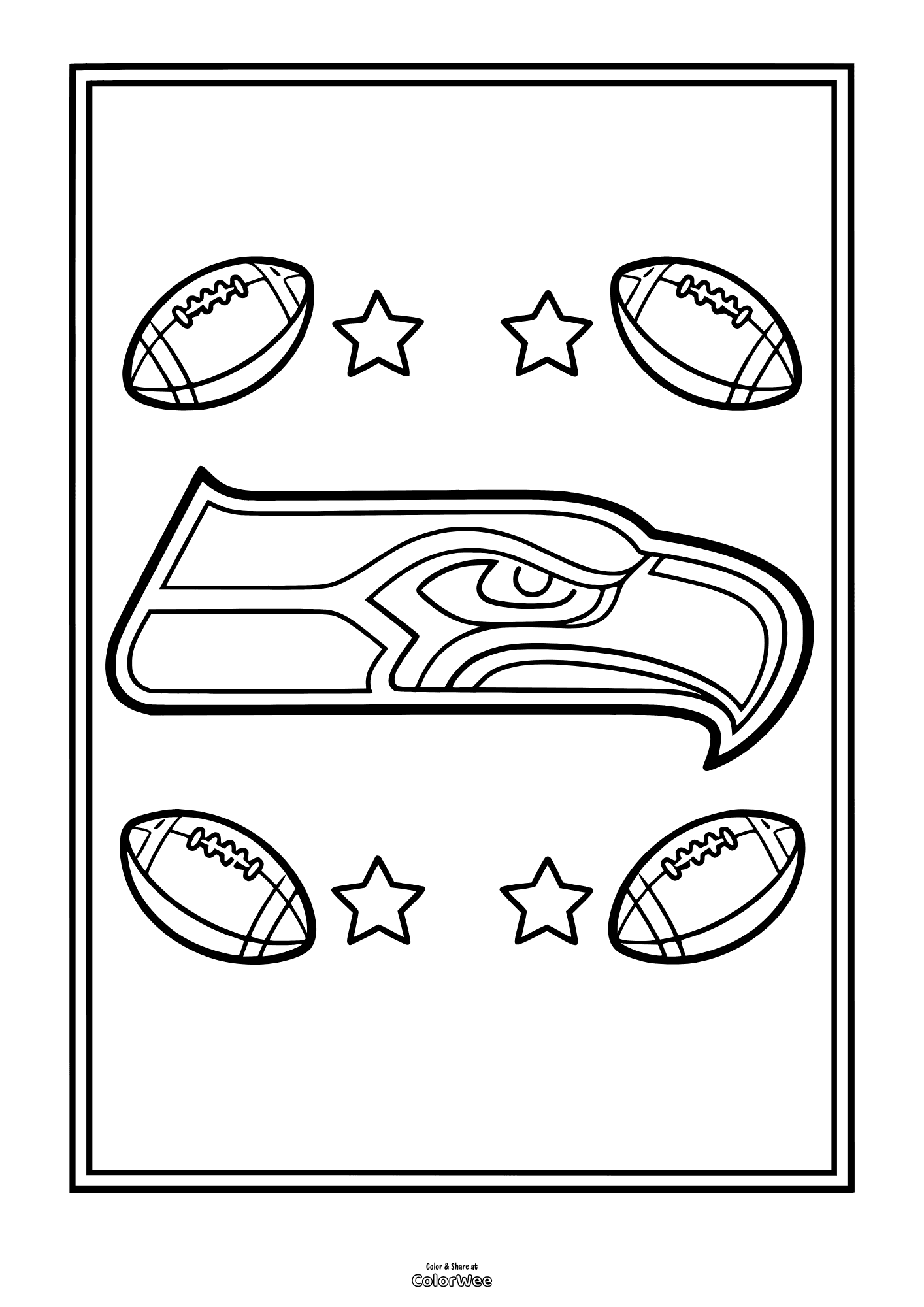 Seahawks logo with footballs and stars coloring sheet for kids