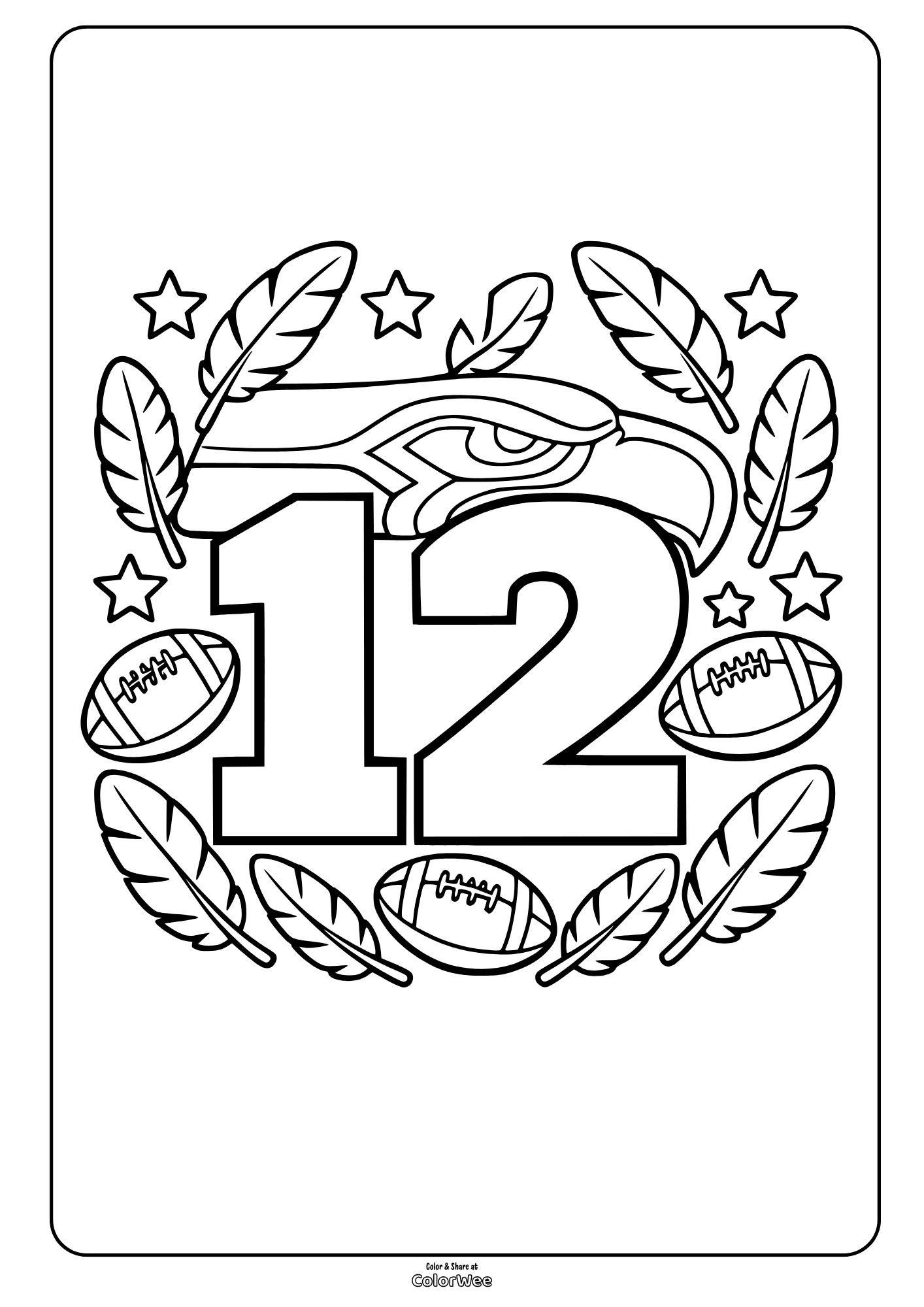 Coloring sheet: football 12 with eagle head, stars, feathers and footballs - Seattle Seahawks symbols.