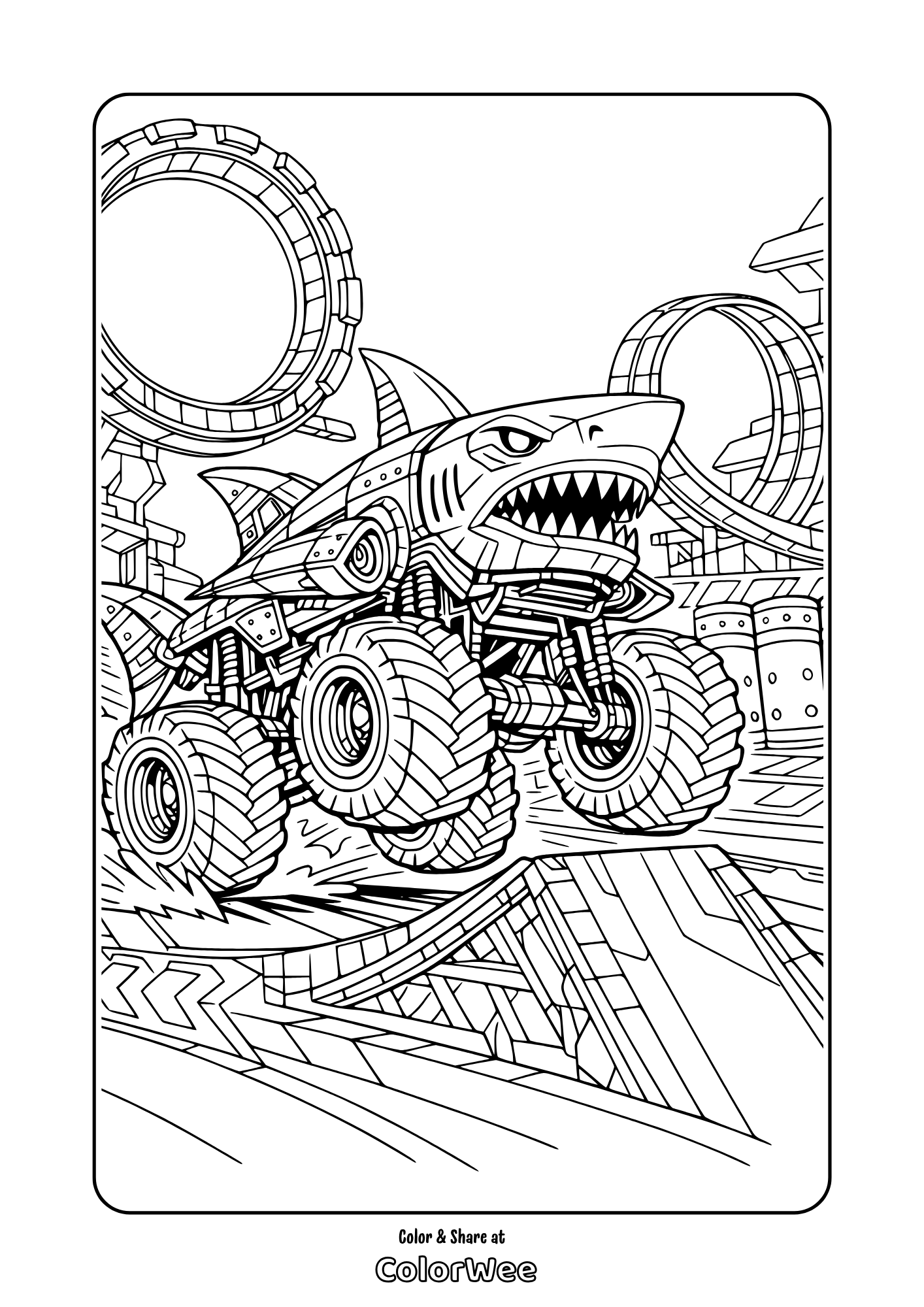 Shark monster truck on stunt track with ramps and loops coloring page