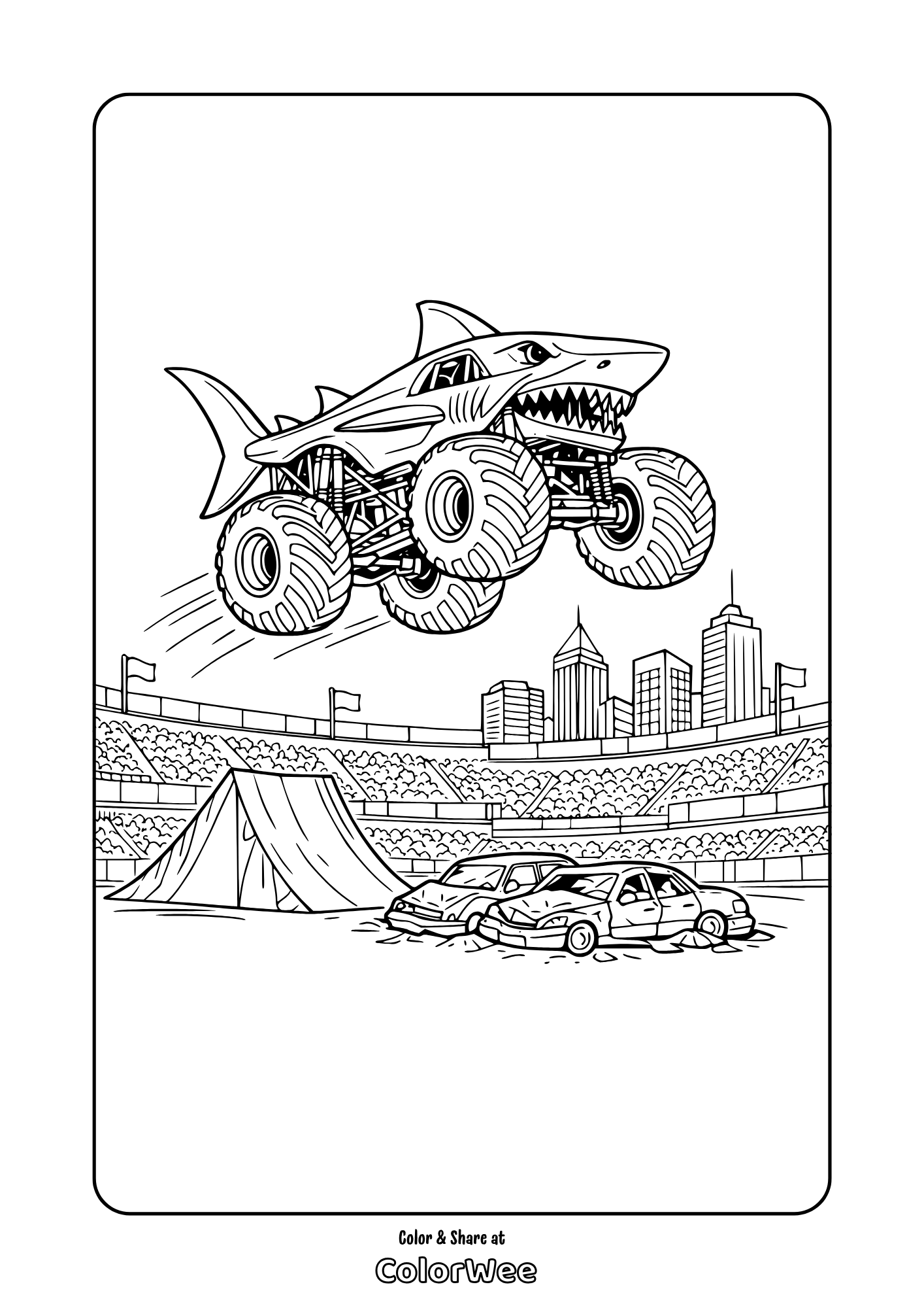 Shark monster truck jumping over cars in stadium coloring page