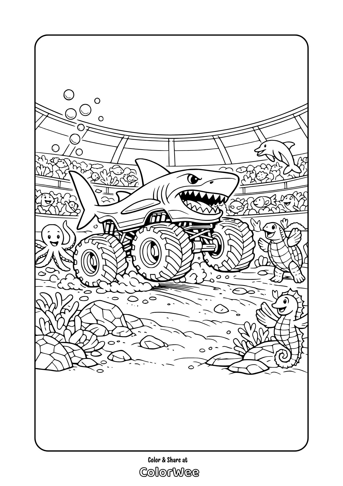 Shark monster truck underwater coloring page with sea animals