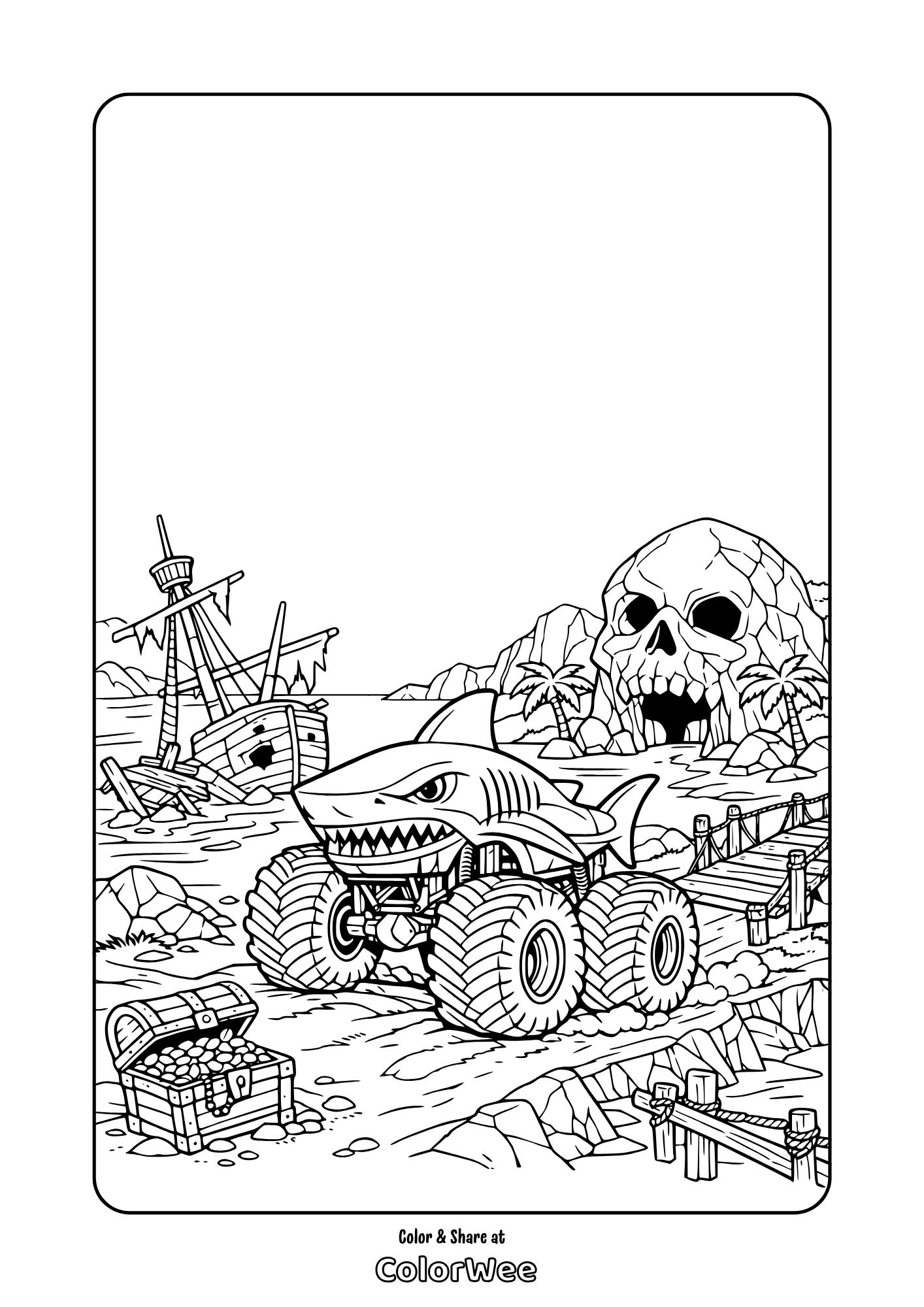 Shark monster truck on pirate island coloring page with treasure and skull cave