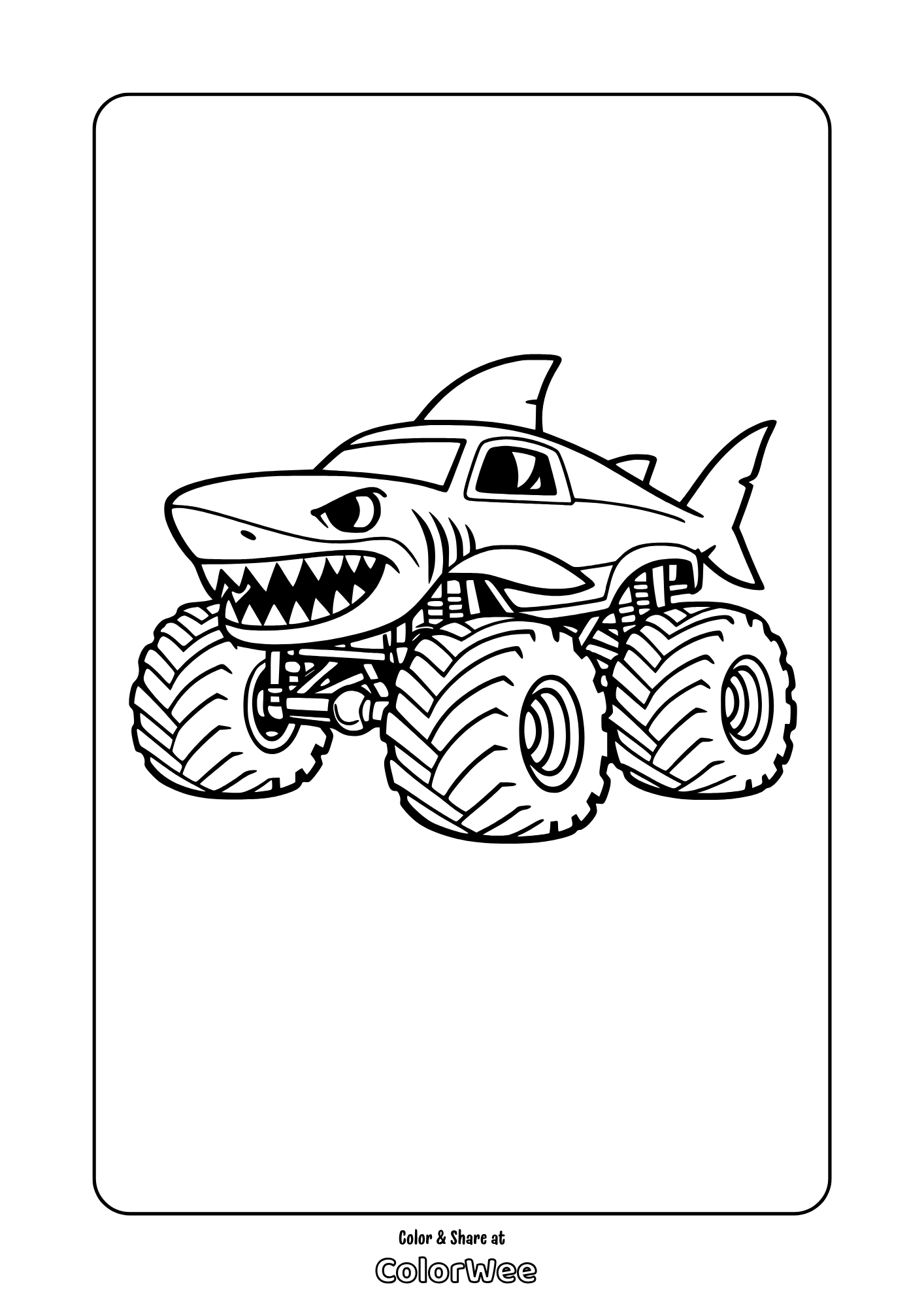 Free printable shark monster truck coloring page.