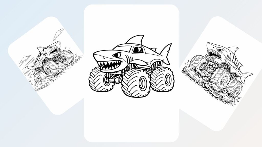 Shark monster truck coloring page for kids with giant tires