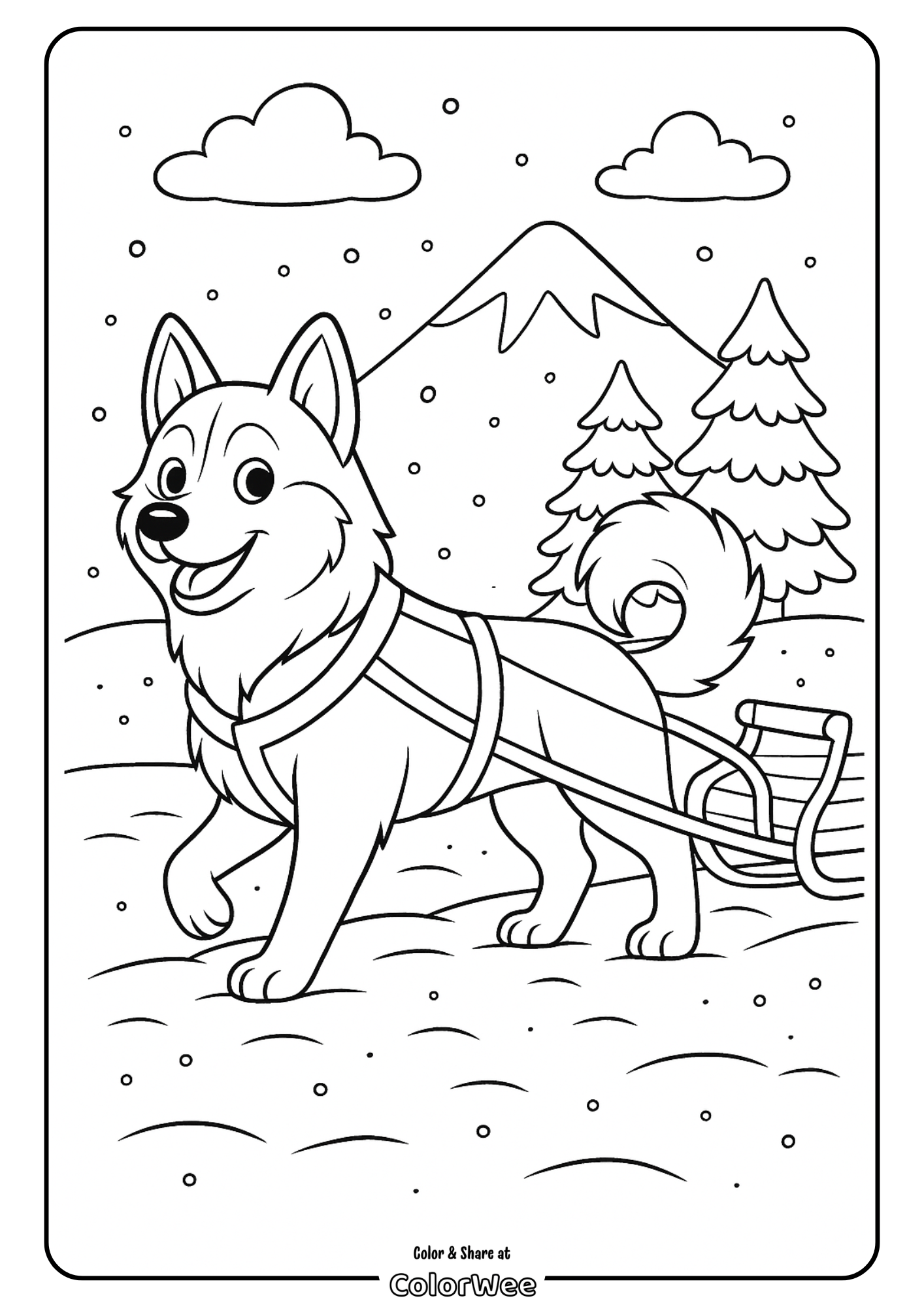 Husky pulling sled in snowy mountains coloring page.