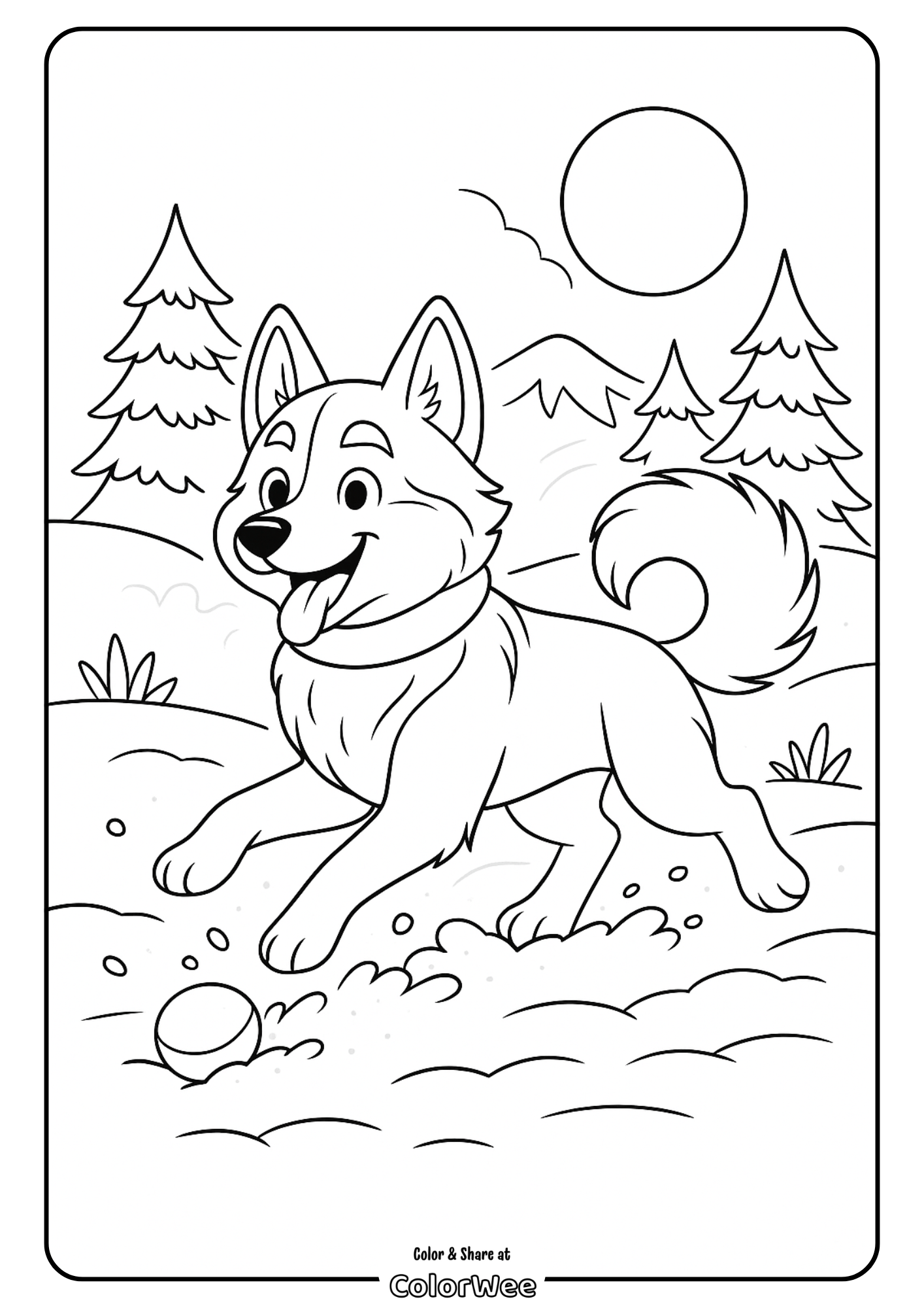 Dog playing in a field, coloring page with trees and sun.