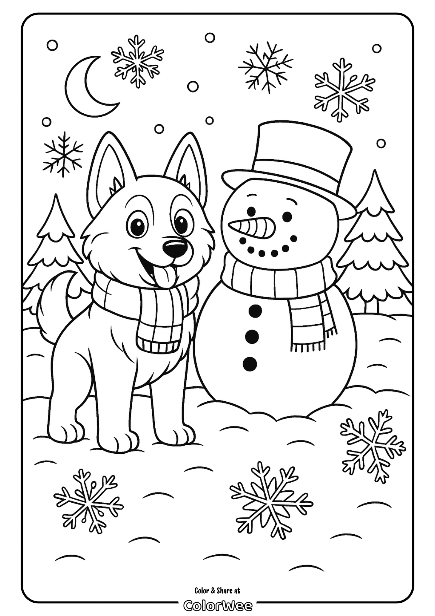 Snowman and dog coloring page with snowflakes and trees.