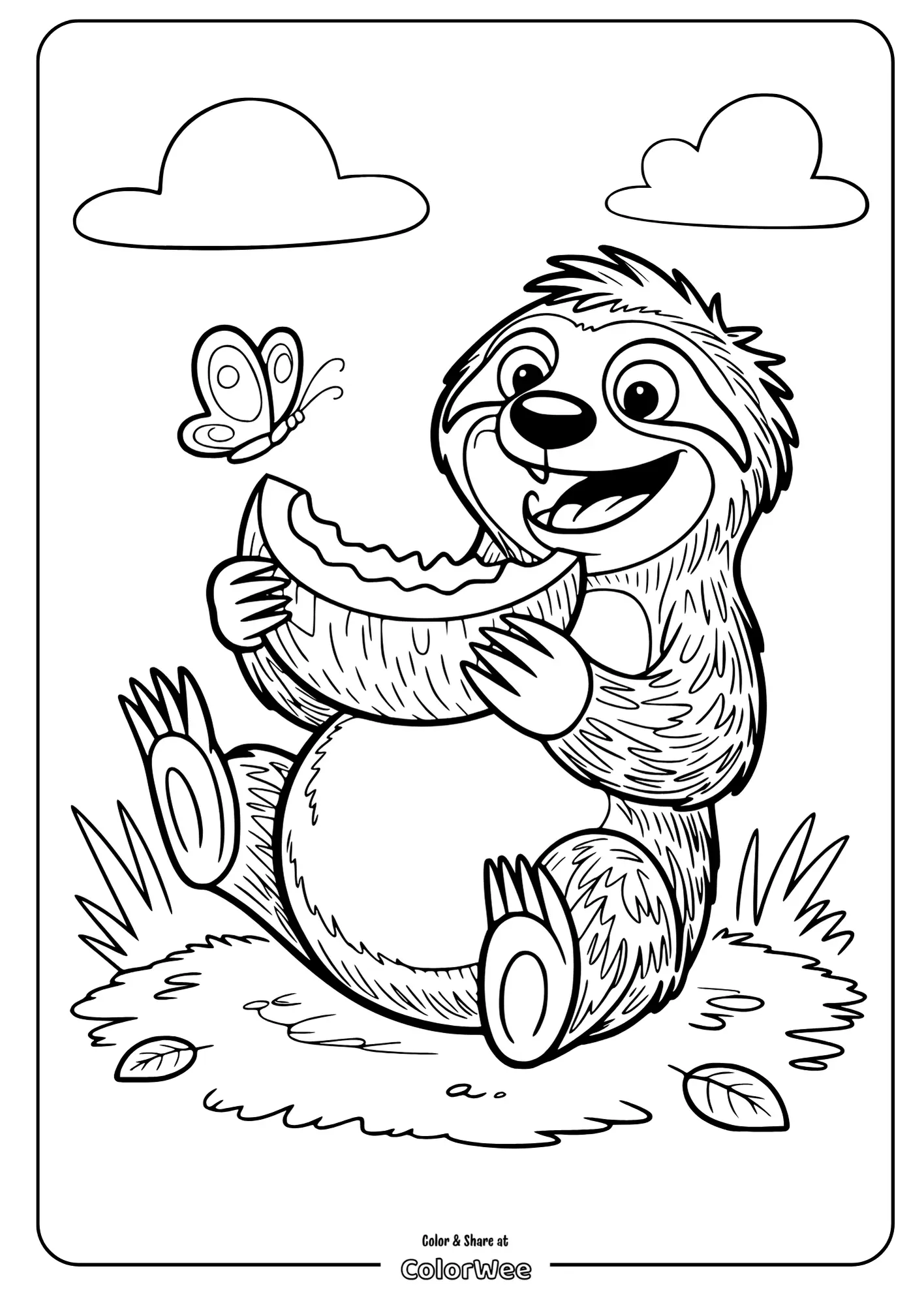 Cute sloth coloring page with butterfly and watermelon. Fun for kids!