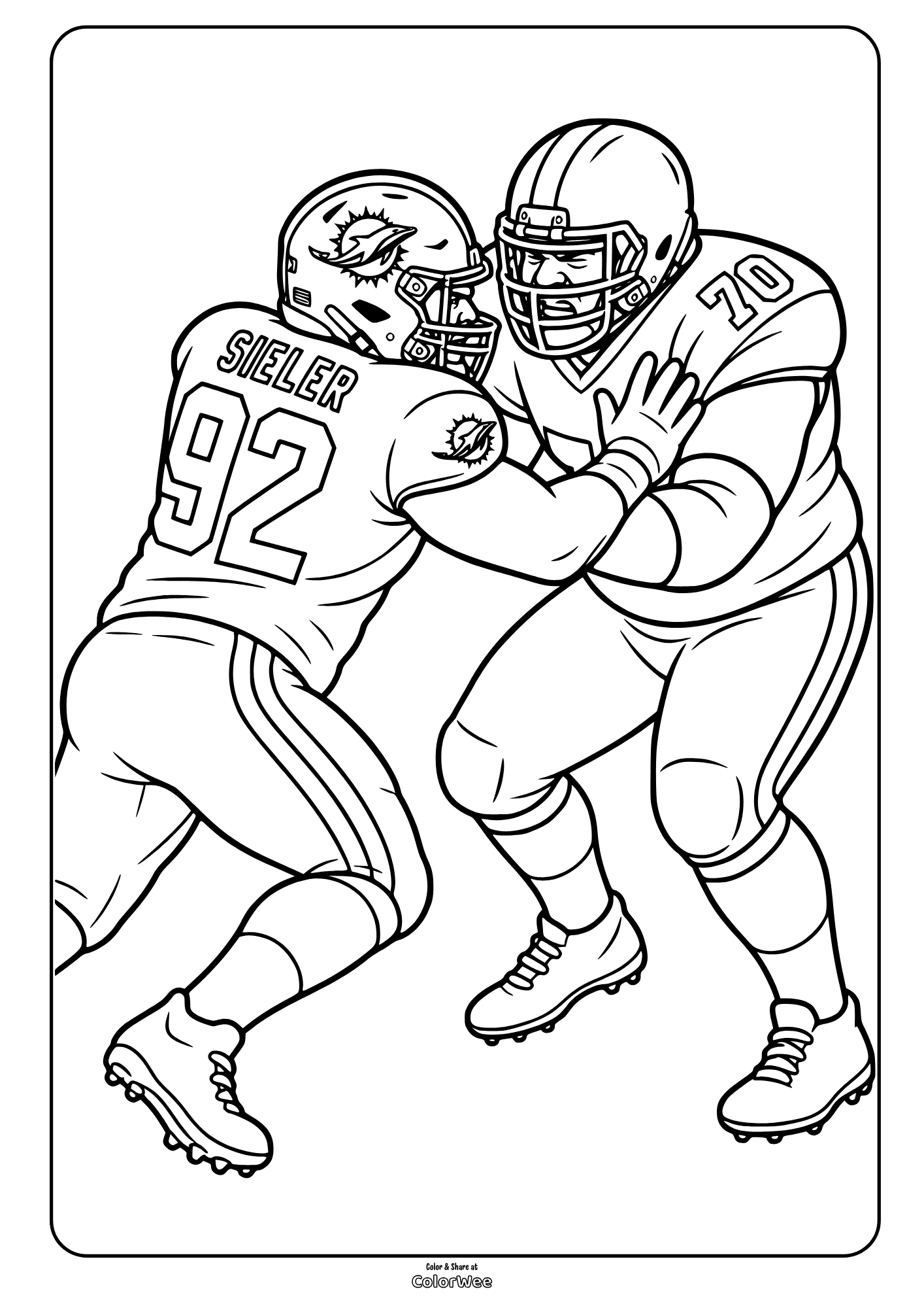 Two football players in helmets and uniforms embrace in a dynamic coloring picture of Zach Sieler.