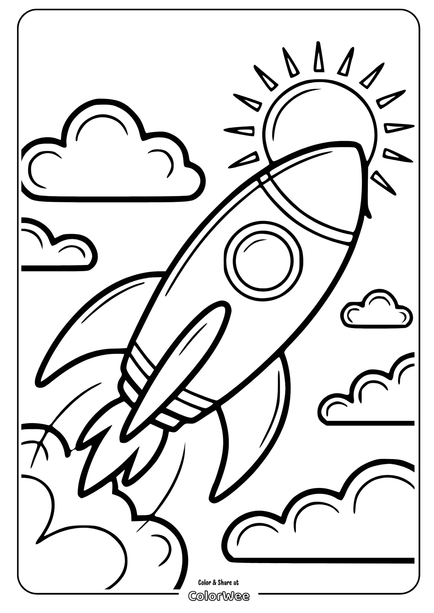 Rocket soaring through clouds coloring page.
