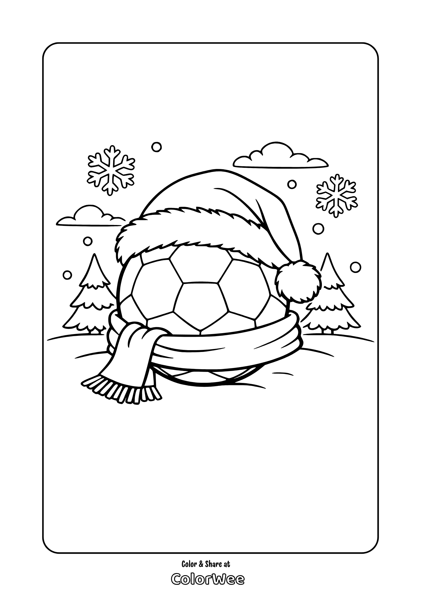 Christmas soccer ball with Santa hat and scarf coloring page
